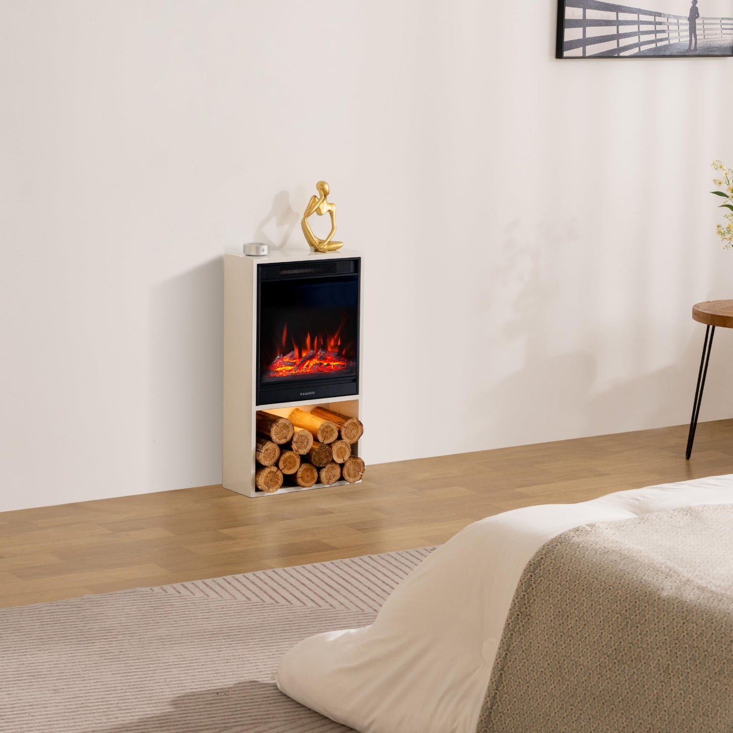 Hugo Electric Fireplace with Heater, 3D Flame Effect, LED Ambient Light, Wooden Compartment, Remote Control (White)