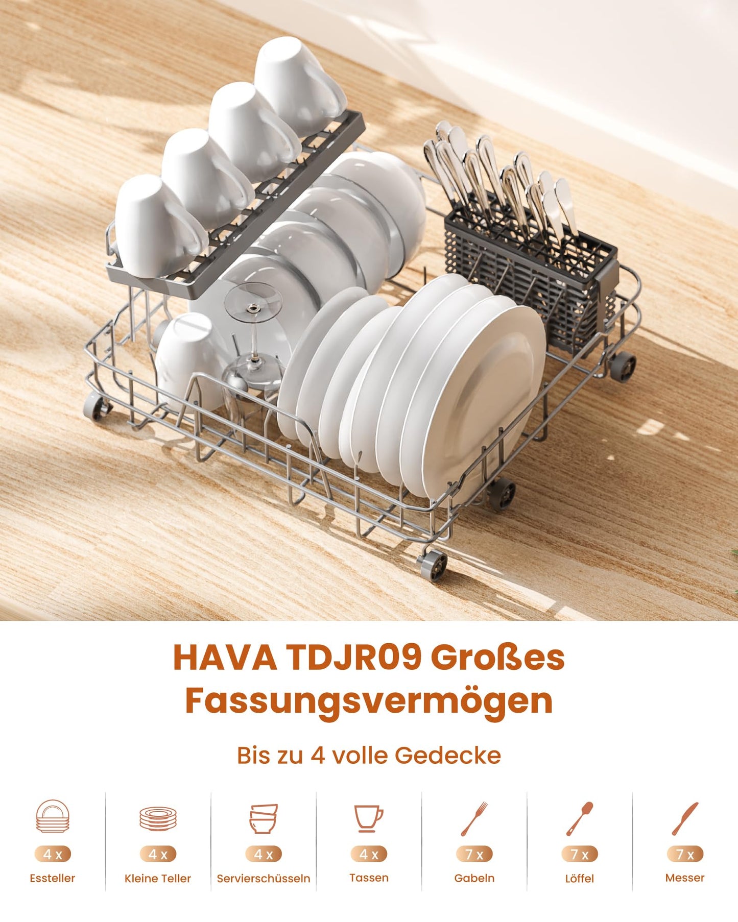 HAVA Dishwasher with Water Softener and Increased Energy Efficiency, Dishwasher with 8 Programmes, Child Lock & Delayed Start, No Installation Required