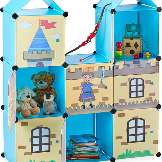 Relaxdays Steckregal Kinderzimmer, coole Ritterburg, Kunststoff, Kinderschrank mit Türen, HxBxT: 128 x 110 x 37 cm, bunt