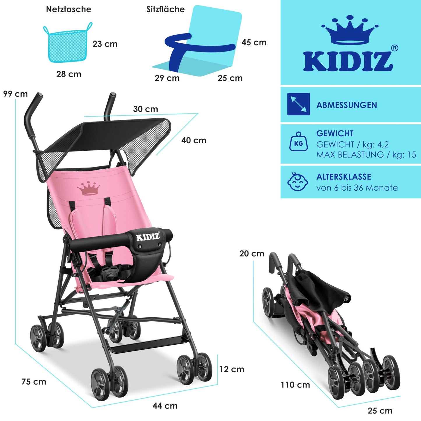 KIDIZ® City Buggy Foldable 360° 4 Inch Wheels Including Sun and Rain Cover Foldable 5-Point Safety Belt from 6 Months Anthracite