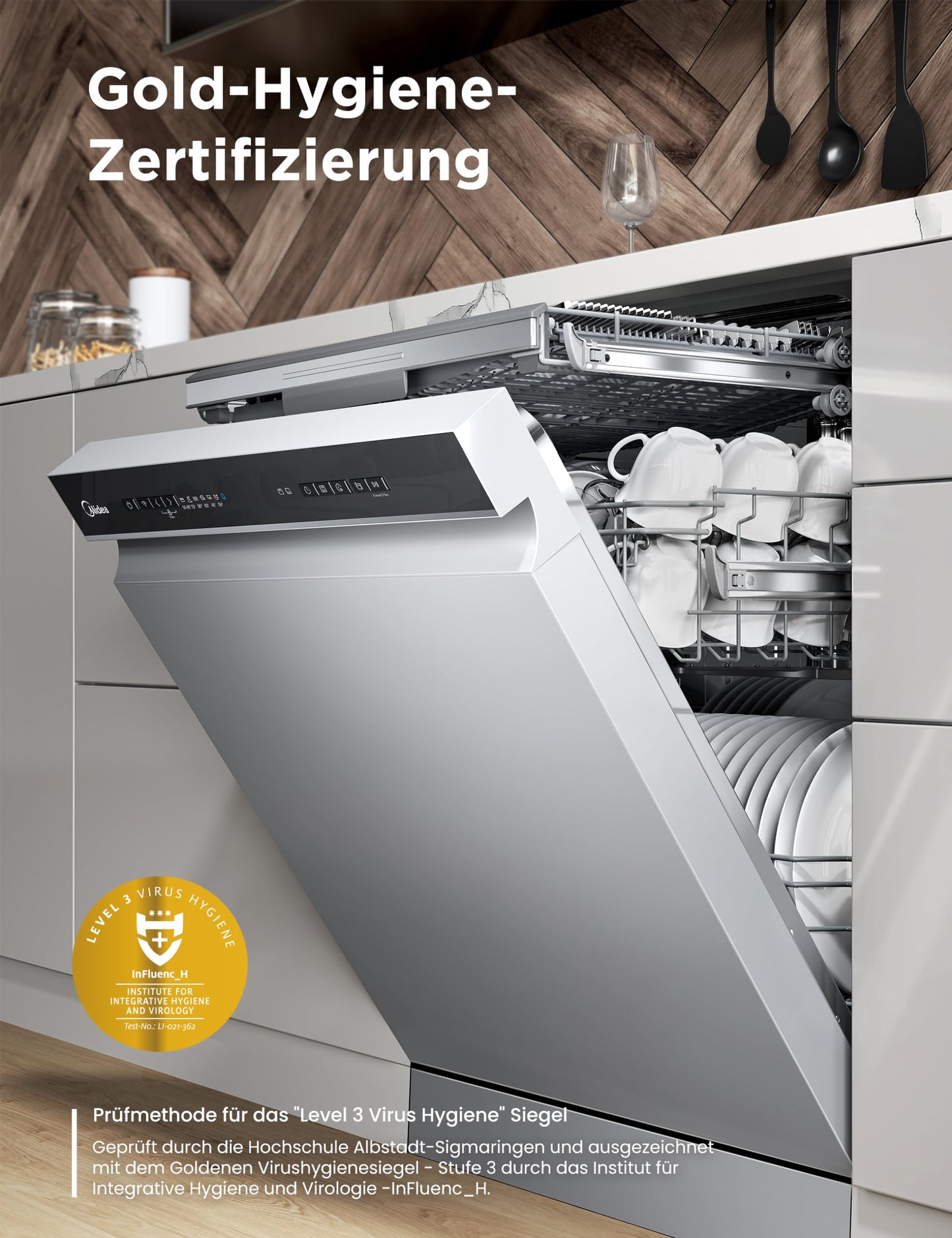 Midea SU 5.35X14CS Dishwasher Base, 14 MGD, Dishwasher 60 cm, Home Connect, Hygiene Care+, Machine Care +, Extra Drying, Half Load, 44 db, Start Delay, Stainless Steel