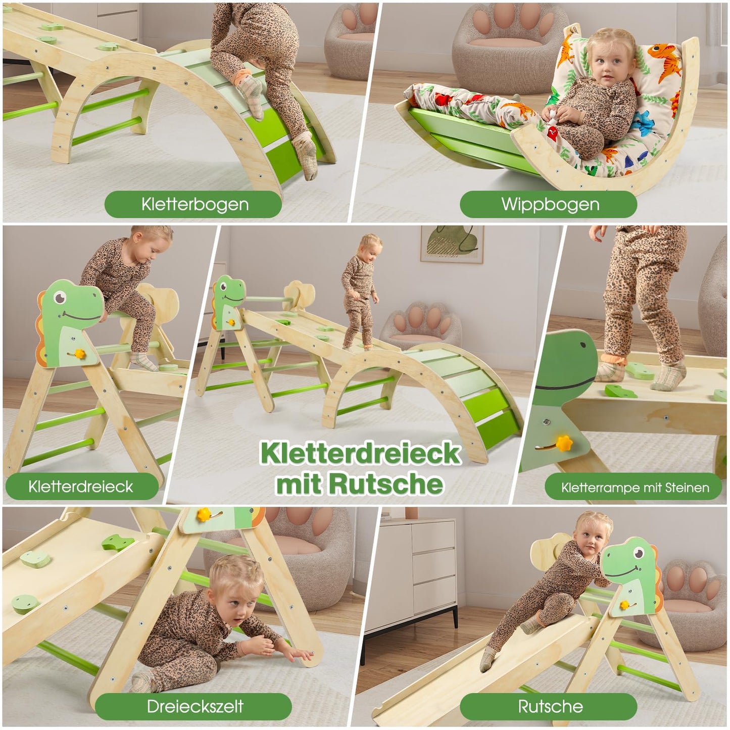 7-in-1 Montessori Kletterdreieck Set mit Rutsche, Kletterbogen & weichem Kissen – Holz Klettergerüst für Babys & Kleinkinder ab 1–3 Jahre, Indoor Spielgerät, faltbar & sicher (Dinosaur)