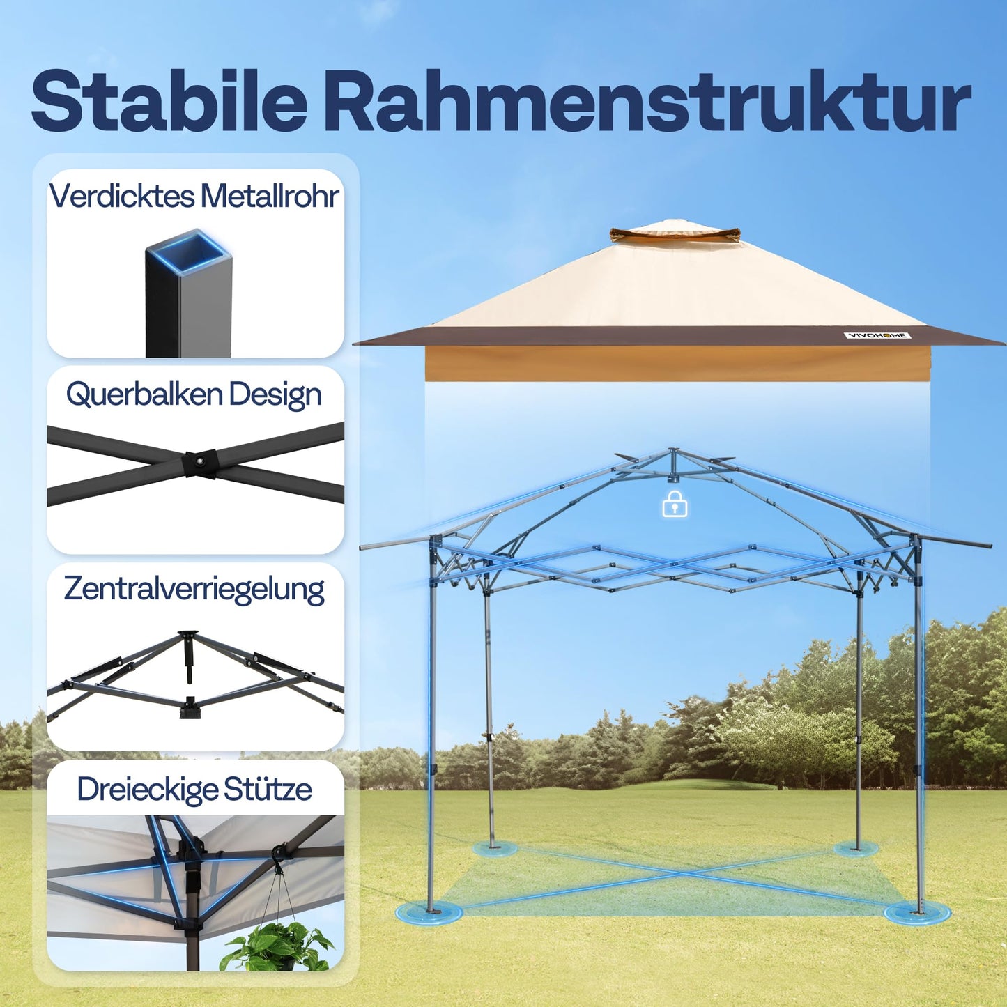 VIVOHOME 3 x 3 m Garden Gazebo with Double Roof, Height-Adjustable Pop Up Gazebo with Central Locking UV Protection 50+, Includes Carry Bag and 4 Sandbags for Garden, Outdoor, Camping