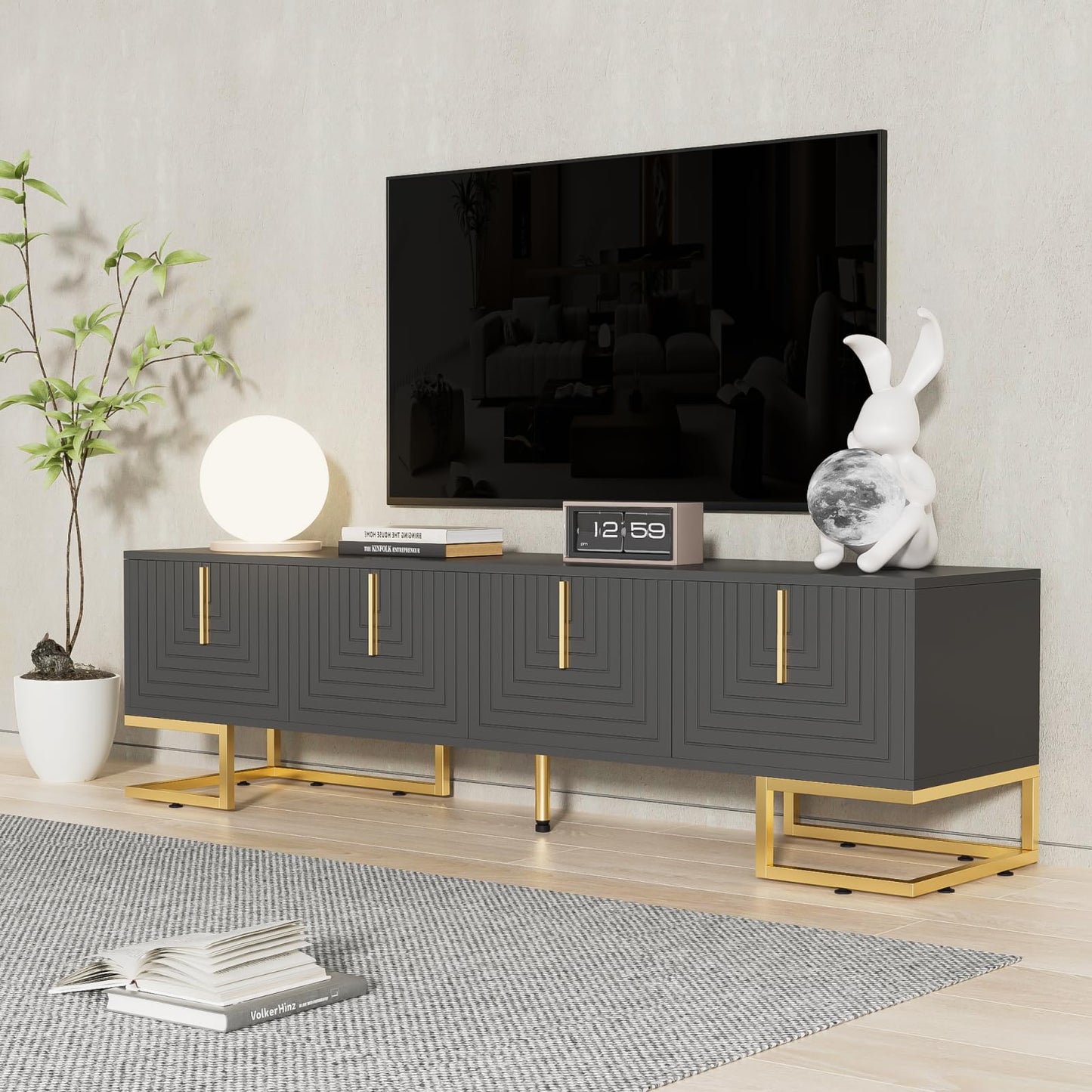 TV Cabinet with 3 Drawers, TV Table with Golden Handles and Legs, Modern TV Stand for TVs up to 75 Inches, Rounded Corners, TV Cabinet for Living Room, 174 x 35 x 41 cm, White