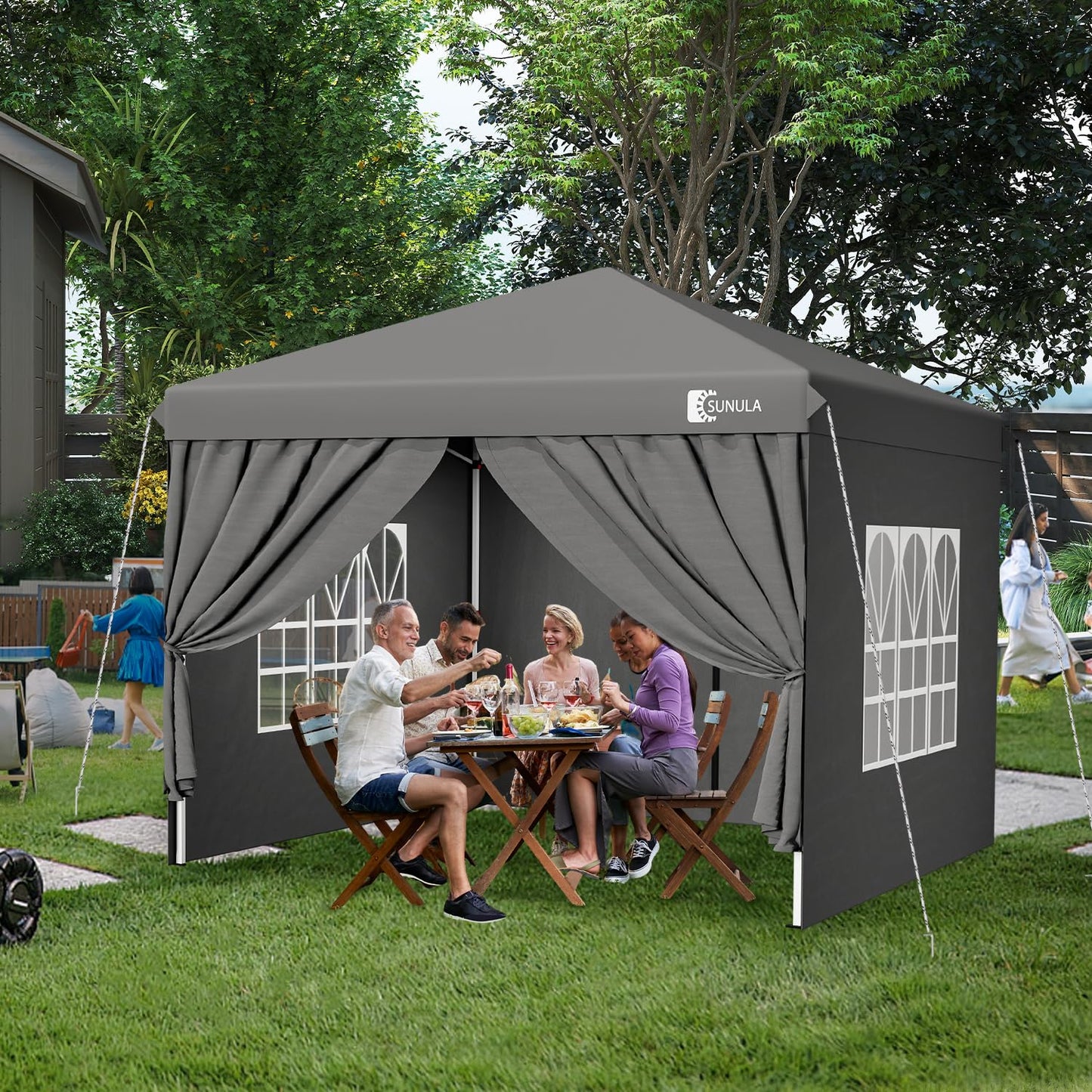 Gazebo 3 x 3 Waterproof Stable Winterproof with 4 Side Walls, Folding Gazebo 3 x 3 m with Thickened Tubes, Party Tent, Garden Gazebo, Folding Tent for Camping, Festival, Party (Grey)