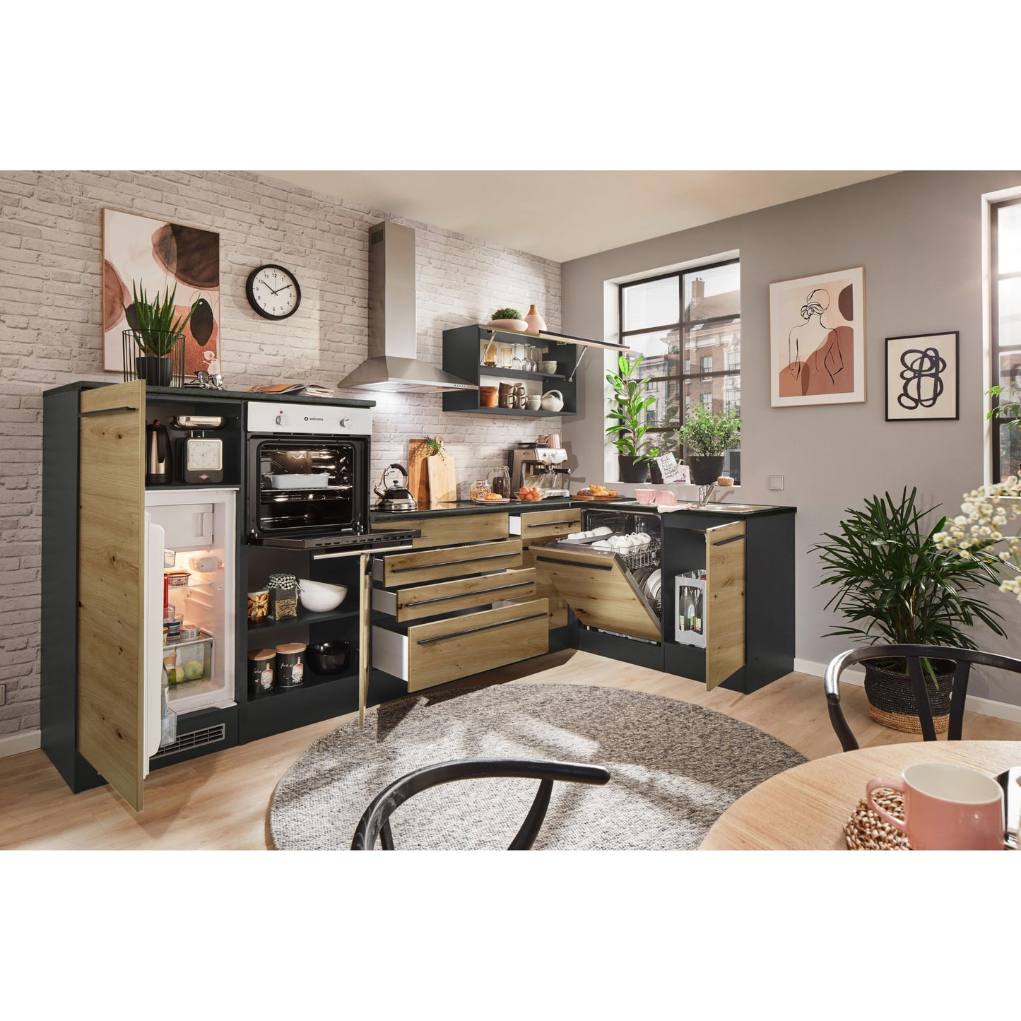 Jazz 4 Modern Corner Kitchen with Electrical Appliances in White High Gloss, Metallic Grey - Spacious Kitchen Unit in L-Shaped with Lots of Storage Space - 320 x 200 x 60 cm (W x H x D)