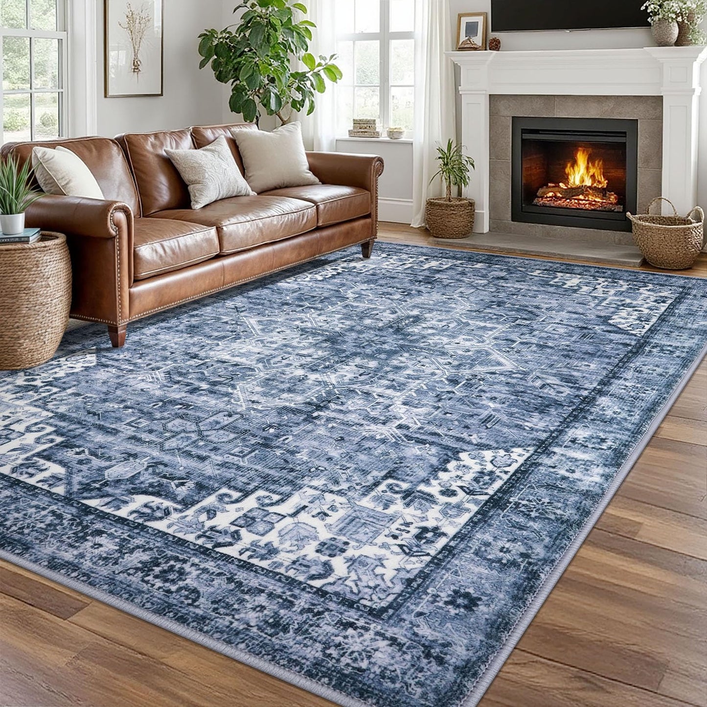 2x3 Blue Washable Rug for Entrance, Soft Traditional Area Rug, Non-Slip Printed Kitchen Rugs, Low-Pile Medallion Indoor Door Mat, Small Farmhouse Carpet for Entryway Kitchen Foyer Bedside