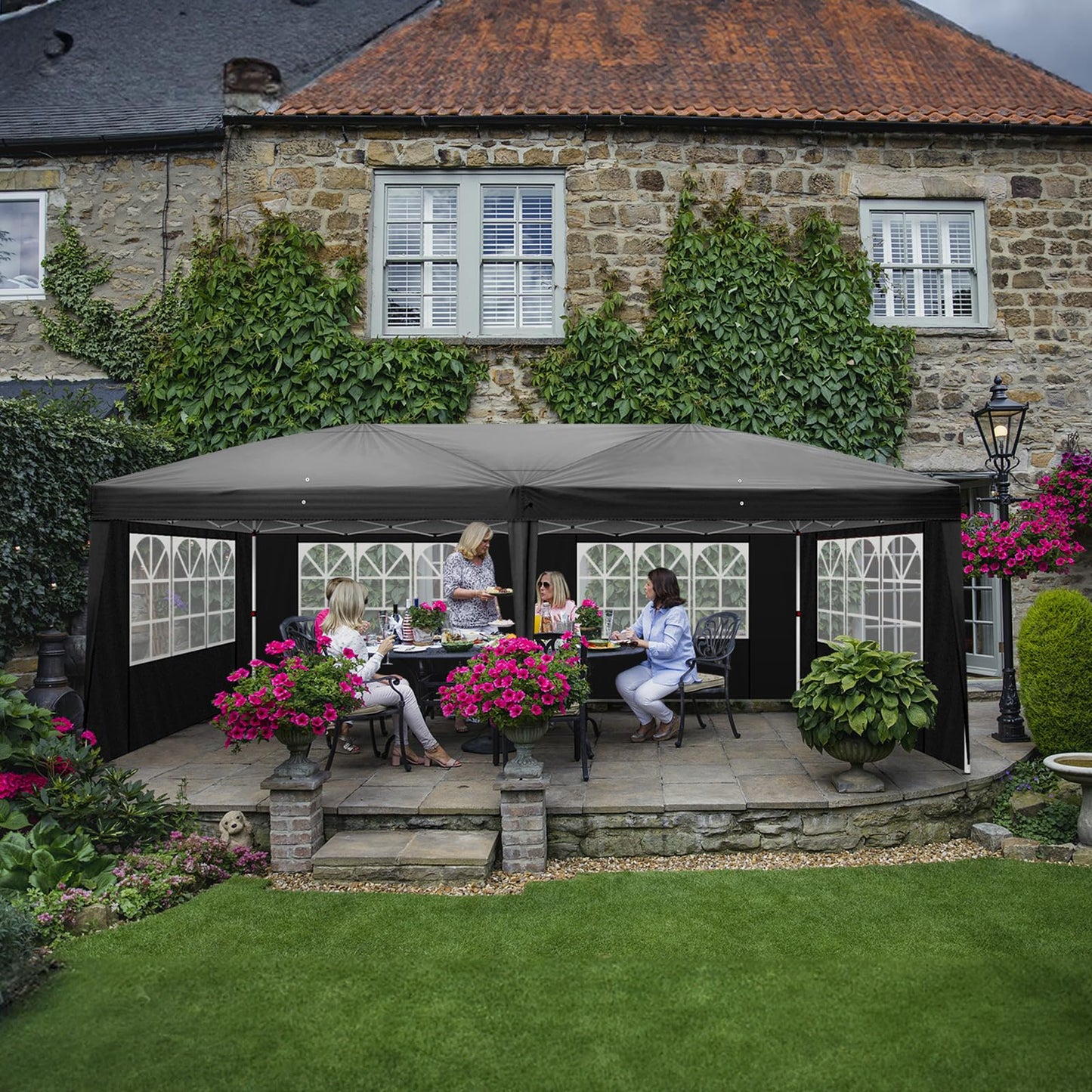 Gazebo 3 x 6 m, Folding Gazebo, Waterproof, Stable, Winterproof, UV Protection 50+, 420D Oxford, Foldable Height Adjustable, Party Tent, Garden Tent, for Garden, Camping, Outdoor, Black, 6