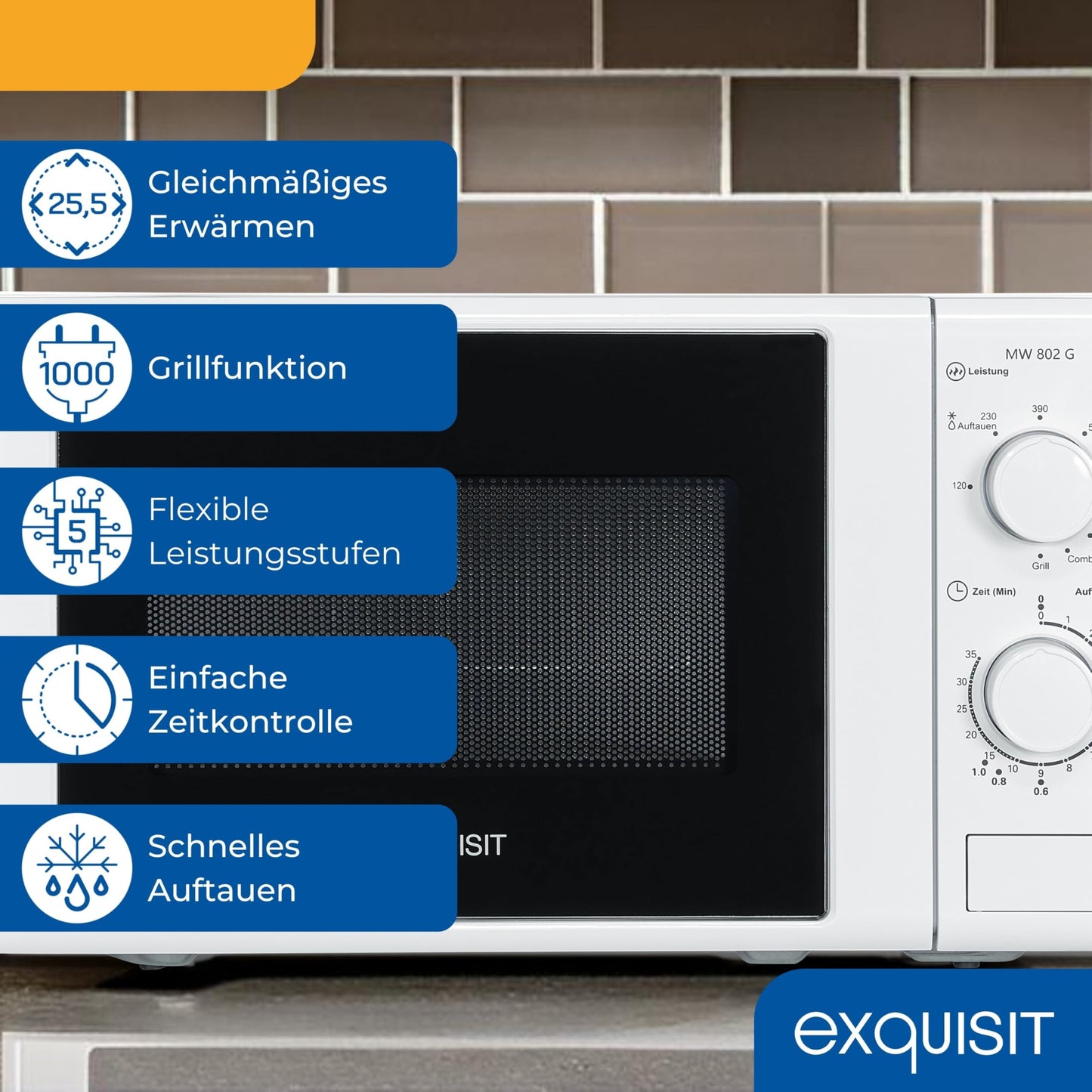 Exquisit Microwave MW 802 G, 700 W Power, 1000 W Grill, 20 L Cooking Space, Compact Microwave With Grill Function, Space-Saving, Incl. Timer, White