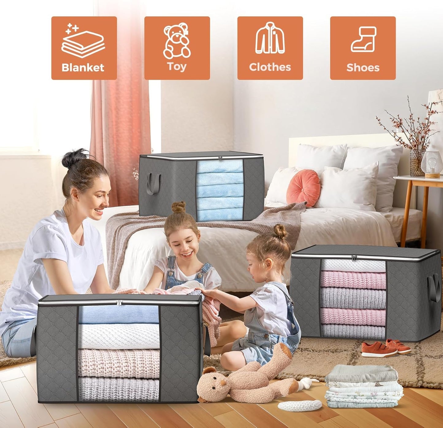 Budding Joy Pack of 6 90 L Storage Bags, Storage Boxes with Lid, Large, Clothes Storage, Moving Boxes, Foldable Underbed Wardrobe for Clothes, Duvets and Bedding, Grey