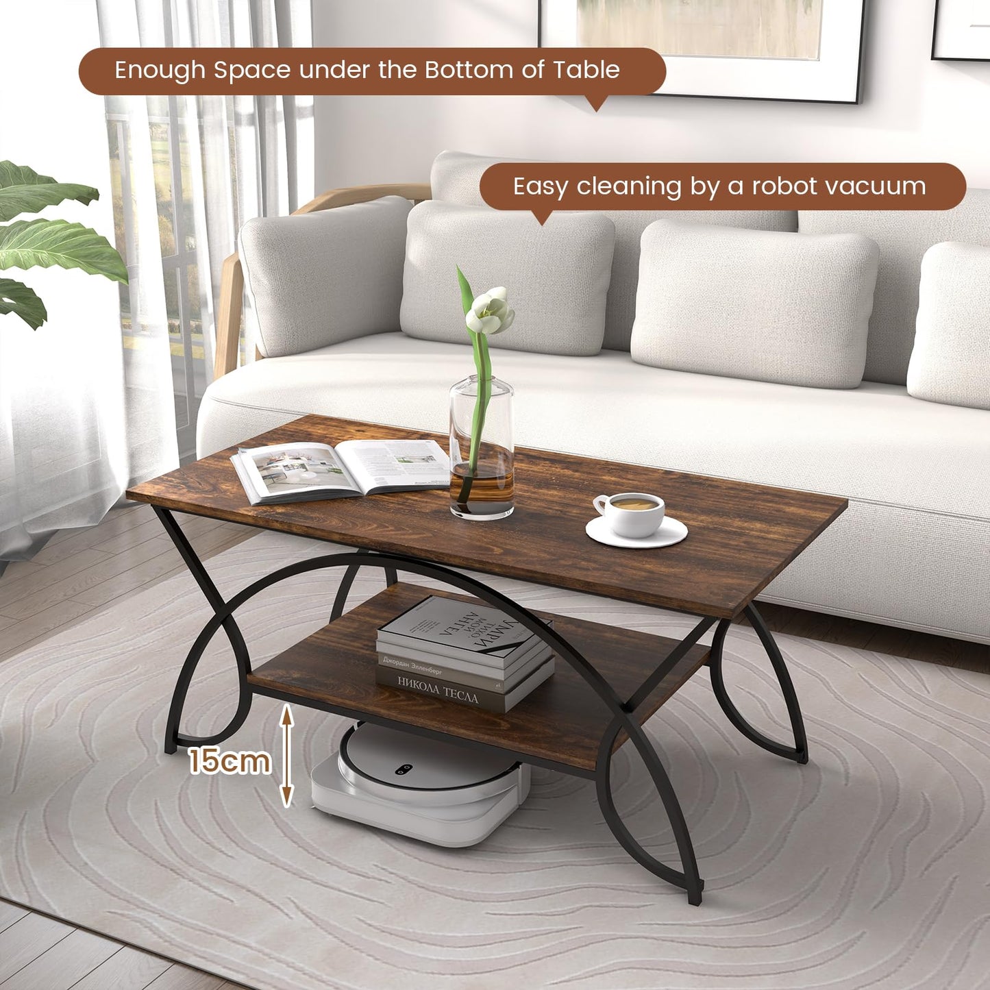 GIANTEX Coffee Table Marble Black, Coffee Table, Tea Table, 2 Shelves, Living Room Table, Modern Sofa Table, Tea Table, 100 x 50 x 45 cm, Accent Table with Metal Legs, Side Table with Marble Look