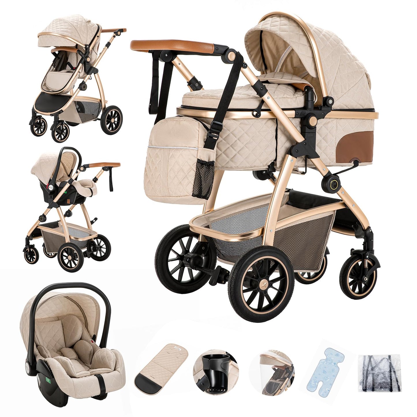 Gcarebb PU Leather 3-in-1 Pram, Buggy with Car Baby Seat, Foldable Portable Pushchair Complete Set, Combination Pushchair with Aluminium Frame for Newborns 0-4 Years