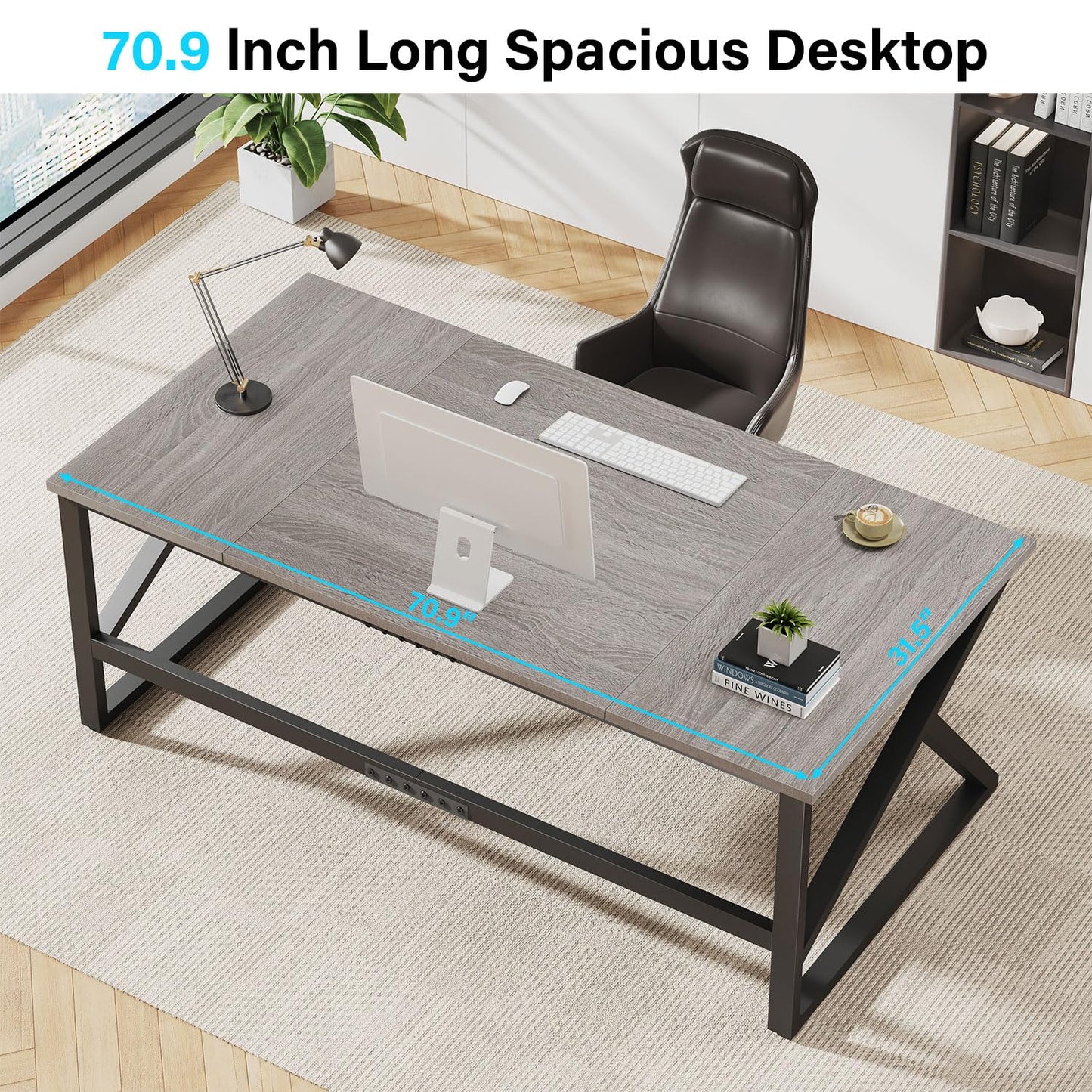 IBF Desk in Brown Colour with a Length of 70 Inches, Industrial Large Double Metal and Wood Desk for Computer, Long Office Table for Home