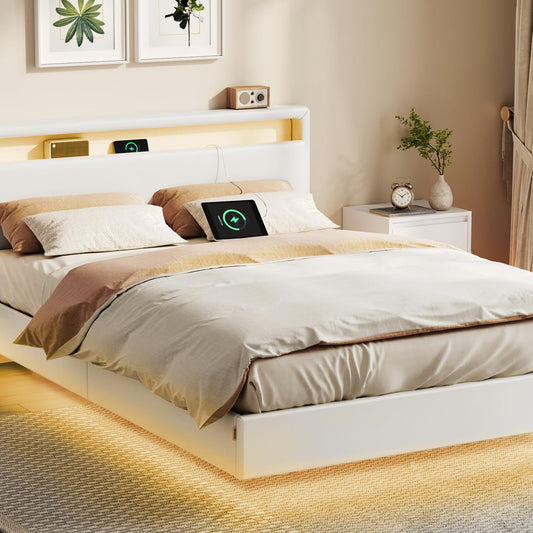 VASAGLE Double Bed Frame 140 x 200 cm Floating Visual Effect Bed with LED Lighting High Headboard Charging Station Modern Cloud White RMB864W01