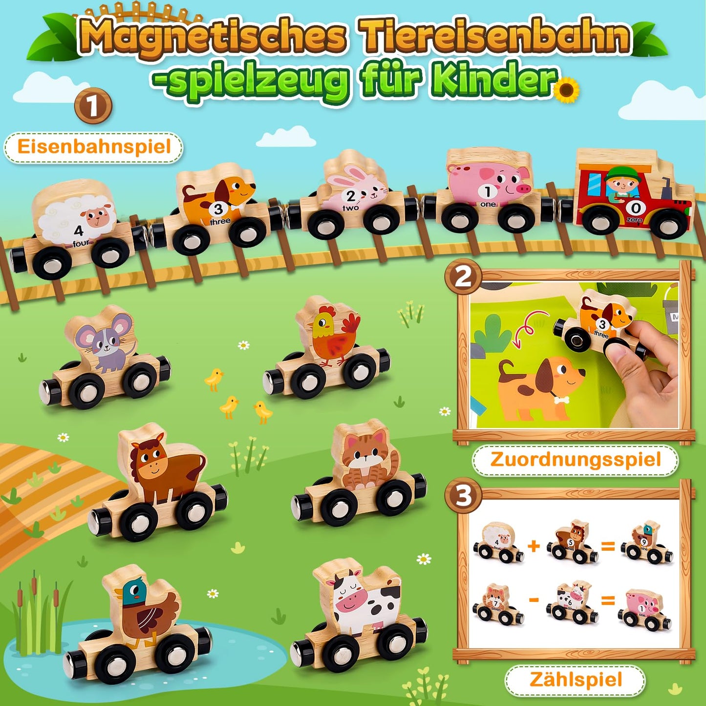 Montessori Toy from 1 2 3 Years: Magnetic Train Wooden Toy from 1 2 Years Motor Skills Toy from 1 Year, Wooden Train Children's Toy from 2-3 Years Baby Gift 1 2 3 Years Birthday Boy Girl