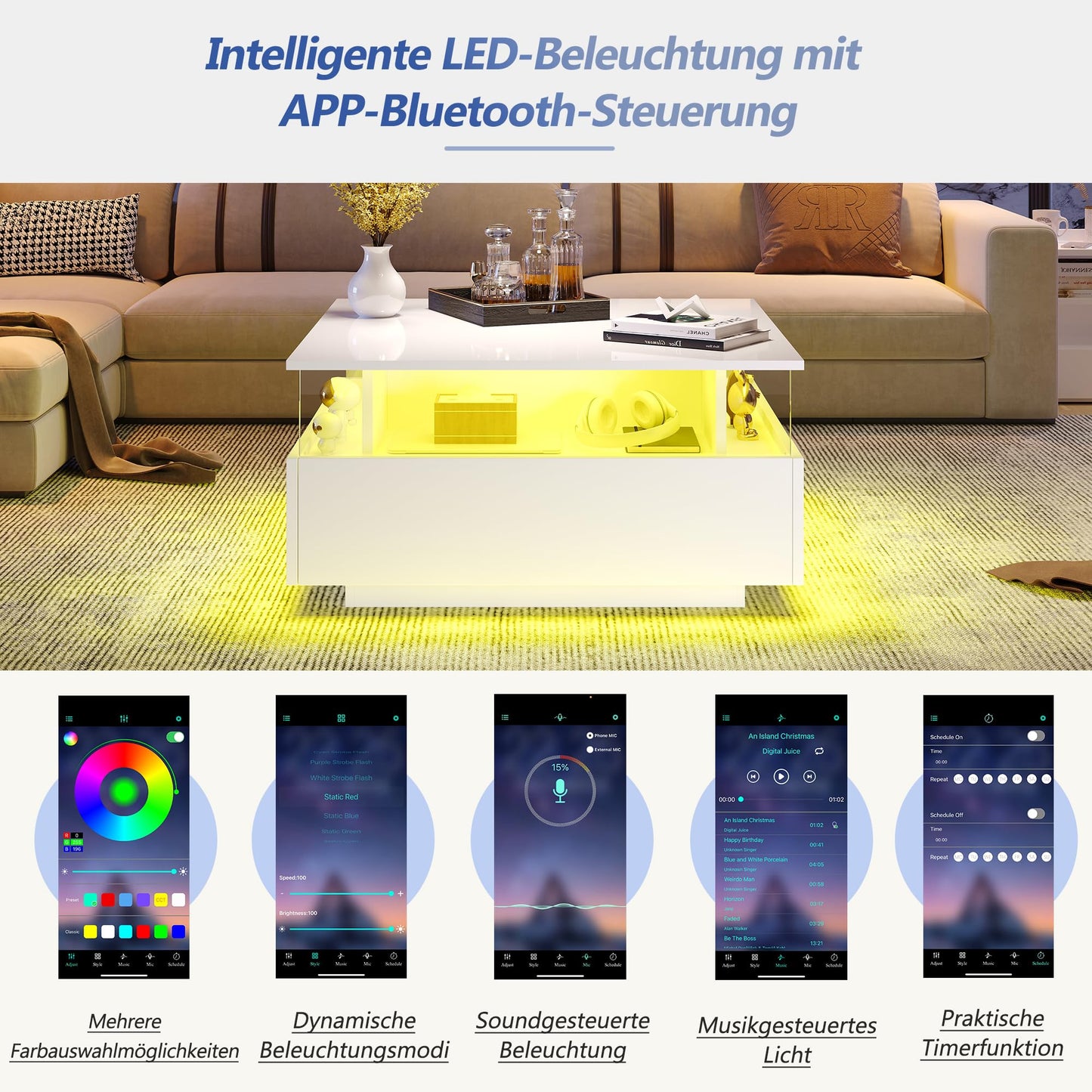 Modern High-Gloss LED Coffee Table with 2 Drawers and Transparent Presentation Area, Storage Space, Stable and Durable - Load Capacity up to 30 kg, Ideal for Living Room, 70 x 70 x 41 cm (Black)