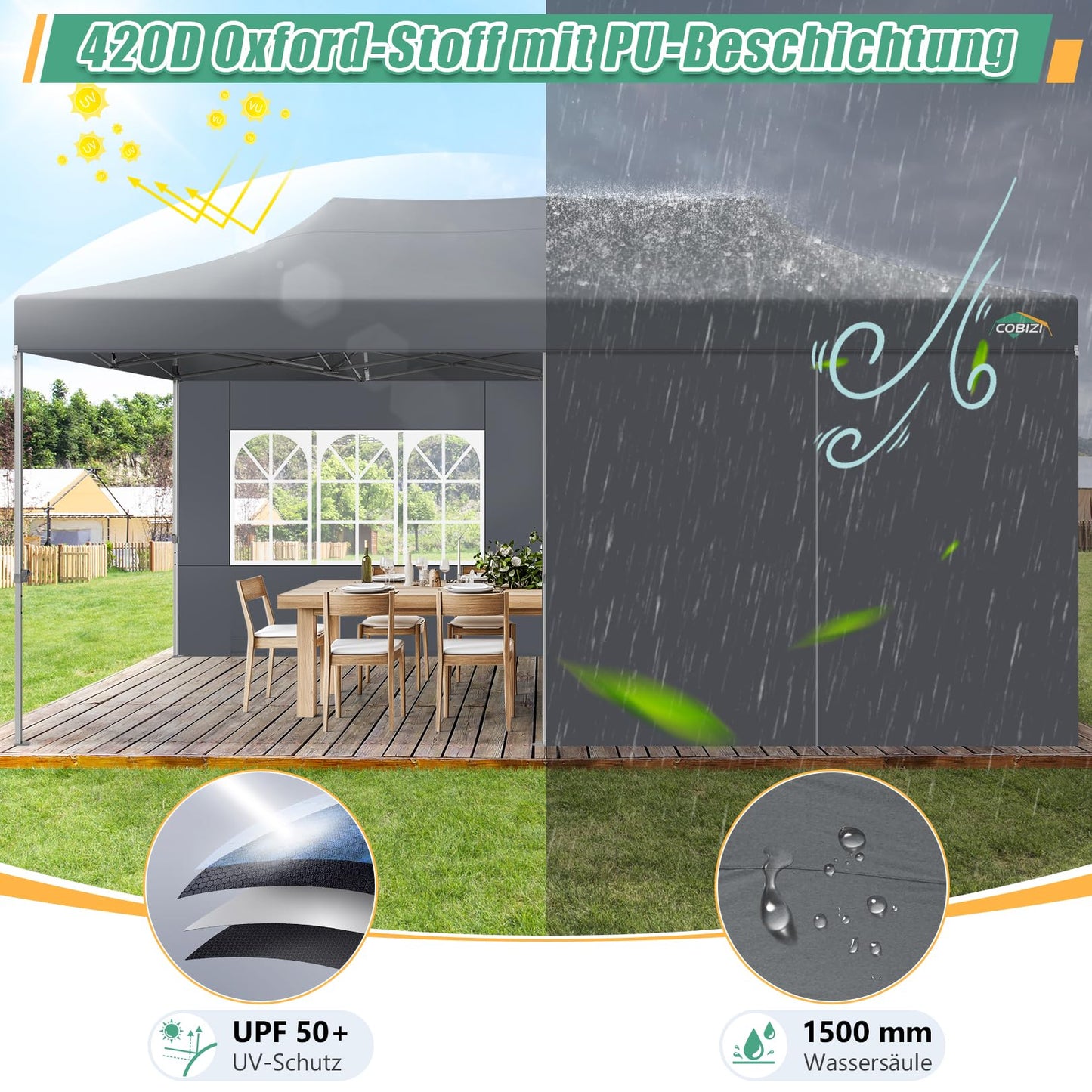 COBIZI Pavillon Faltpavillon 3x3 wasserdicht stabil Winterfest,Outdoor faltbar partyzelt，gartenpavillon mit 4 Seitenteilen und 4 Sandsack und Laufradtasche, Schwarz