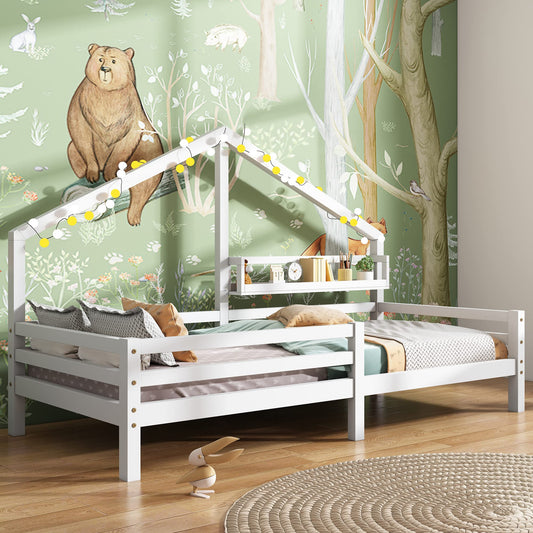 Merax Kinderbett 90x200cm mit Rausfallschutz, Kinder Hausbett mit Schubladen und Ablageregal, Stabiles Holz Baumhausbett mit Lattenrost, Spielbett für Jungen & Mädchen, Weiß