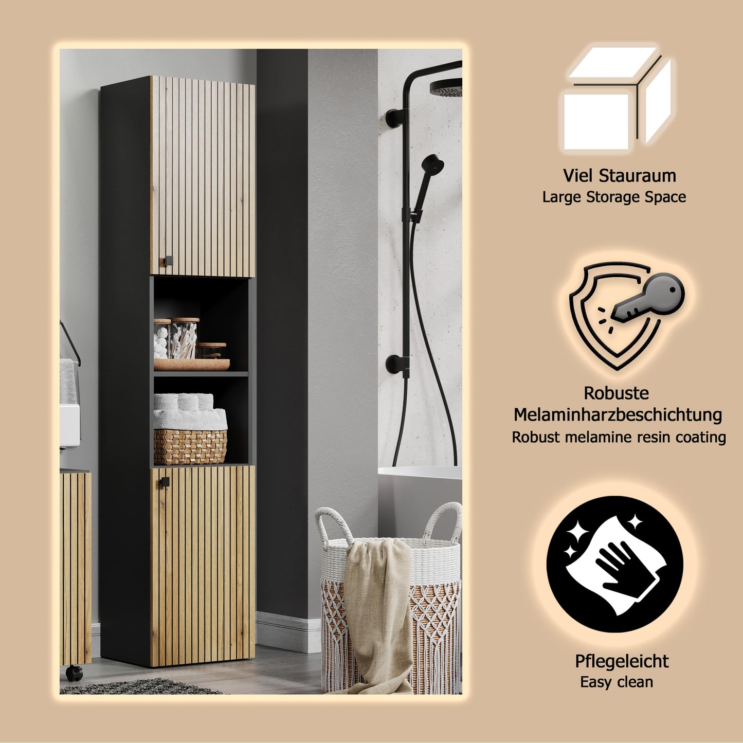 trendteam smart living - PureBliss - Hochschrank - Eiche - Badezimmerschrank in moderner Rillenoptik - edle Metallgriffe - (BxHxT) 40 x 186 x 31 cm - 2 praktische Einlegeböden - kratzfest