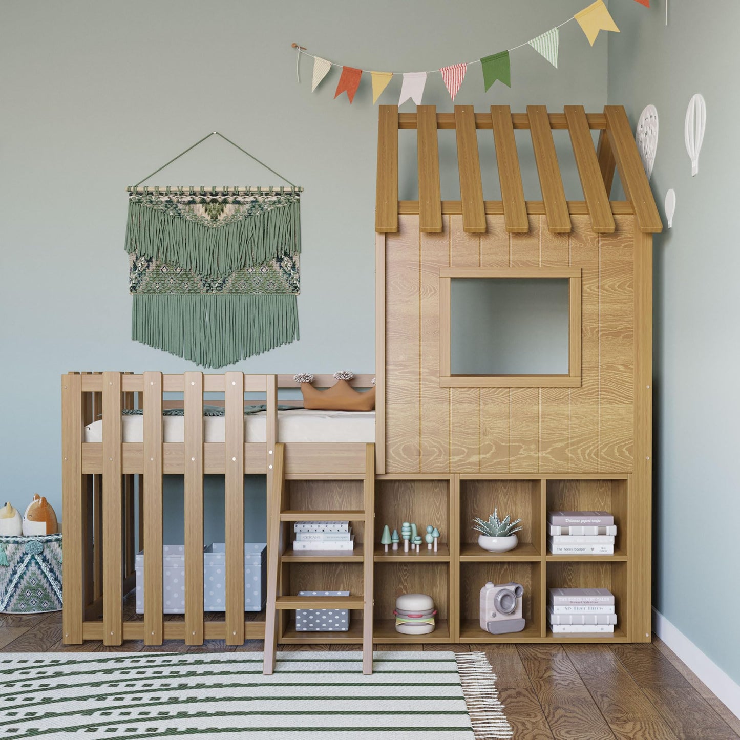 Children's Bed, House Bed 90 x 200 cm, Children's Bed Frame with Roof and Window, with Open Storage Space, with Climbing Ladder, Slatted Frame, Solid Wood Bed, Wooden Bed without Mattress (White)