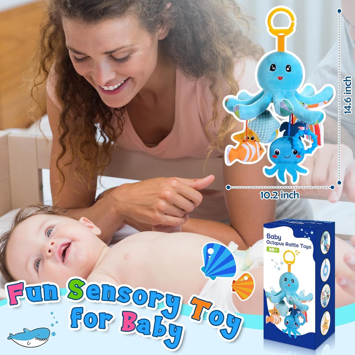 HappyKidsClub Plush Octopus Baby Toy 0-18 Months - with 8 Hanging Sensory Toys & Mirror - Baby Montessori Motor Skills Toy for Pram, Cot (Washable, Organic Cotton)