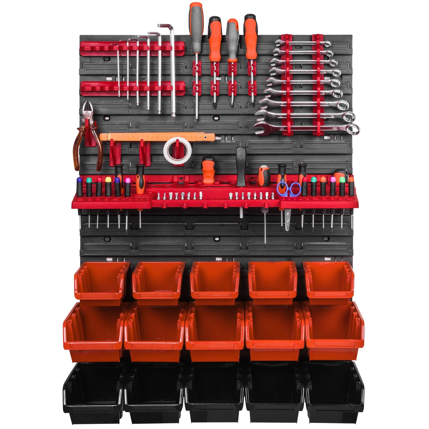 Storage System Wall Shelf 576 x 780 mm, Tool Holders, 28 pcs. Stacking Boxes Storage Boxes Extra Strong Wall Shelves Expandable Workshop Shelving Workshop Shelf