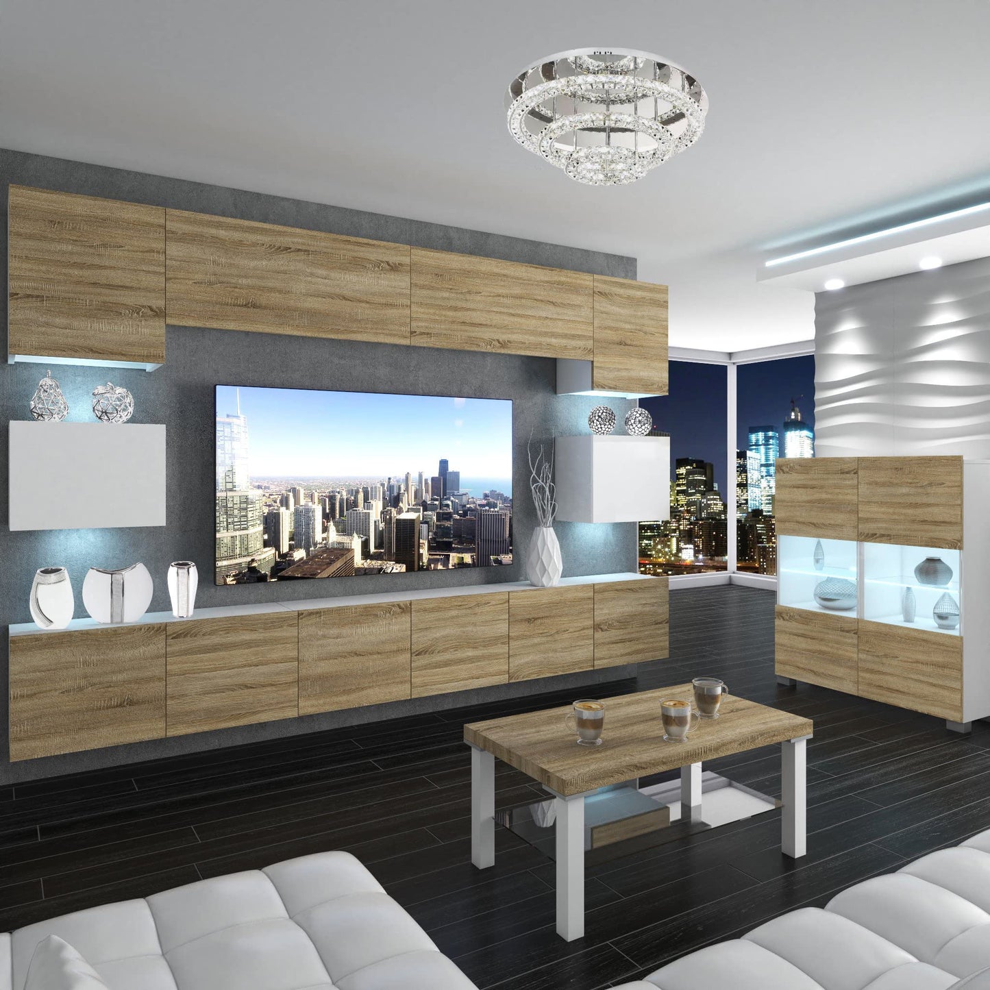 BELINI Living Room Wall Unit Full Equipment Living Room Set Modern Cabinet Wall with LED Lighting TV Cabinet White