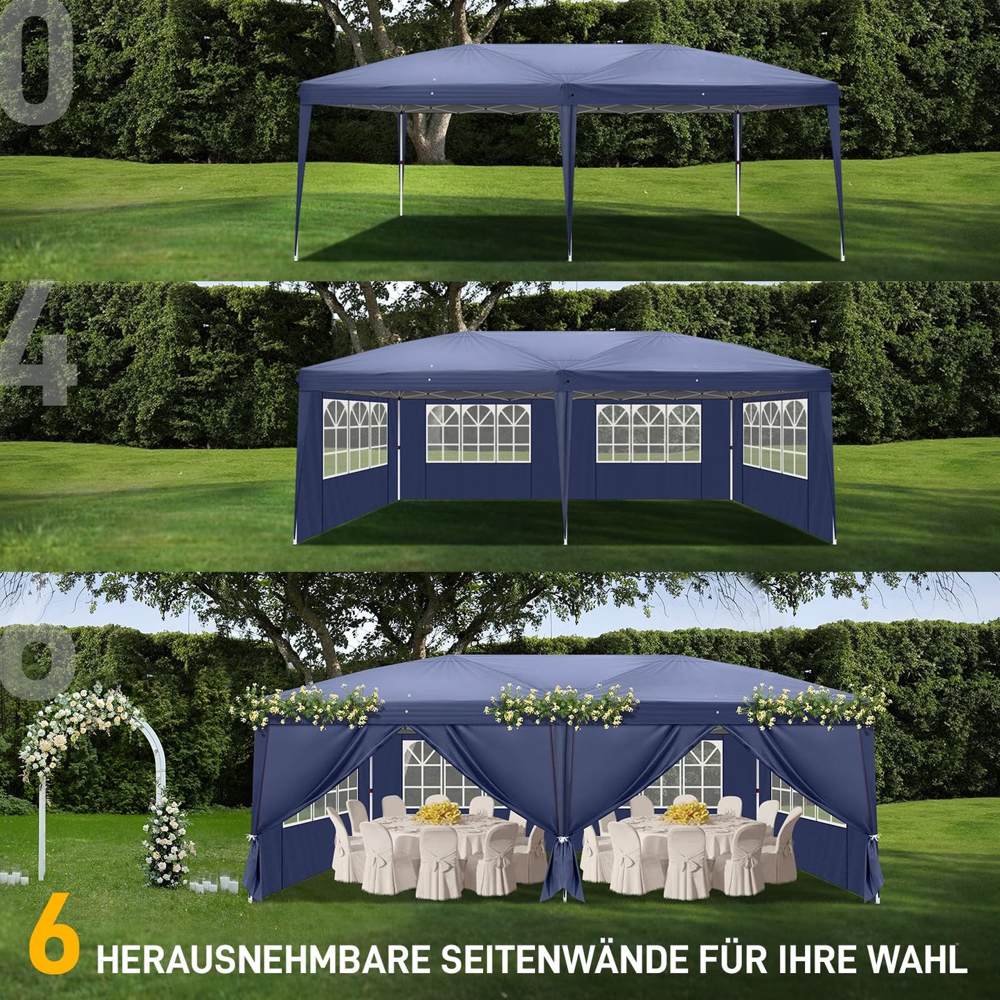 LEADZM Gazebo, Folding Gazebo, 3 x 6 m, Pop-Up, Waterproof, Winterproof, Height Adjustable, UV Protection 50+, Garden Tent, Party Tent, Steel Frame, with 6 Side Panels, for Garden, Party, Camping,