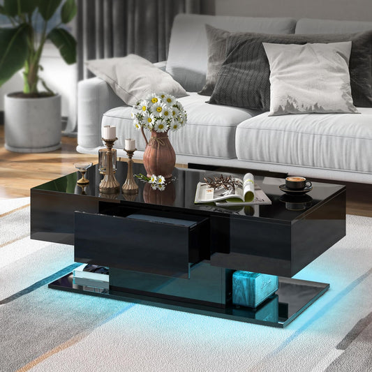 LIFEZEAL Coffee Table LED Lighting, Living Room Table High Gloss with Light Bar and Remote Control, Modern Sofa Table with 2 Drawers, Coffee Table for Living Room, Office (White)