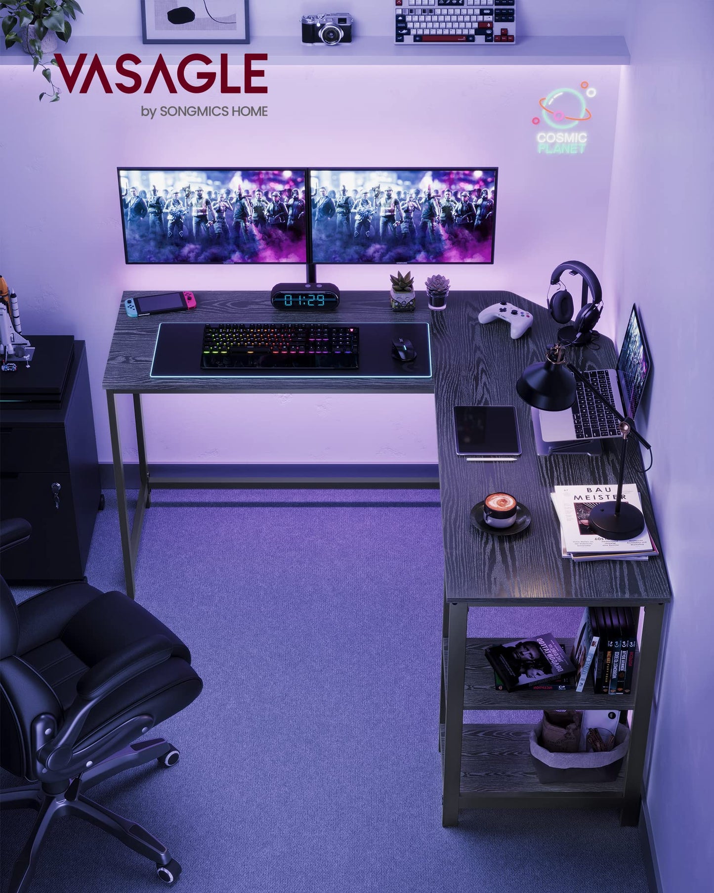 Vasagle L-Shaped Computer Desk, Corner Desk with 2 Shelves