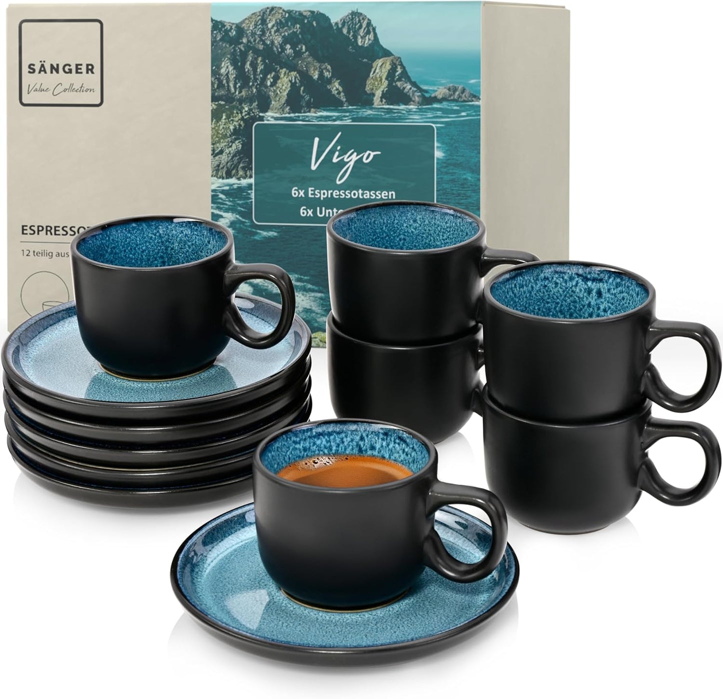 SÄNGER Manila Dinner Service for 6 People, Plate Set, Coffee Mug, Pasta Bowl, 30 Pieces, Stoneware Crockery Set, Dishwasher, Microwave, Scratch-Resistant, Blue with Black Rim, Value Collection