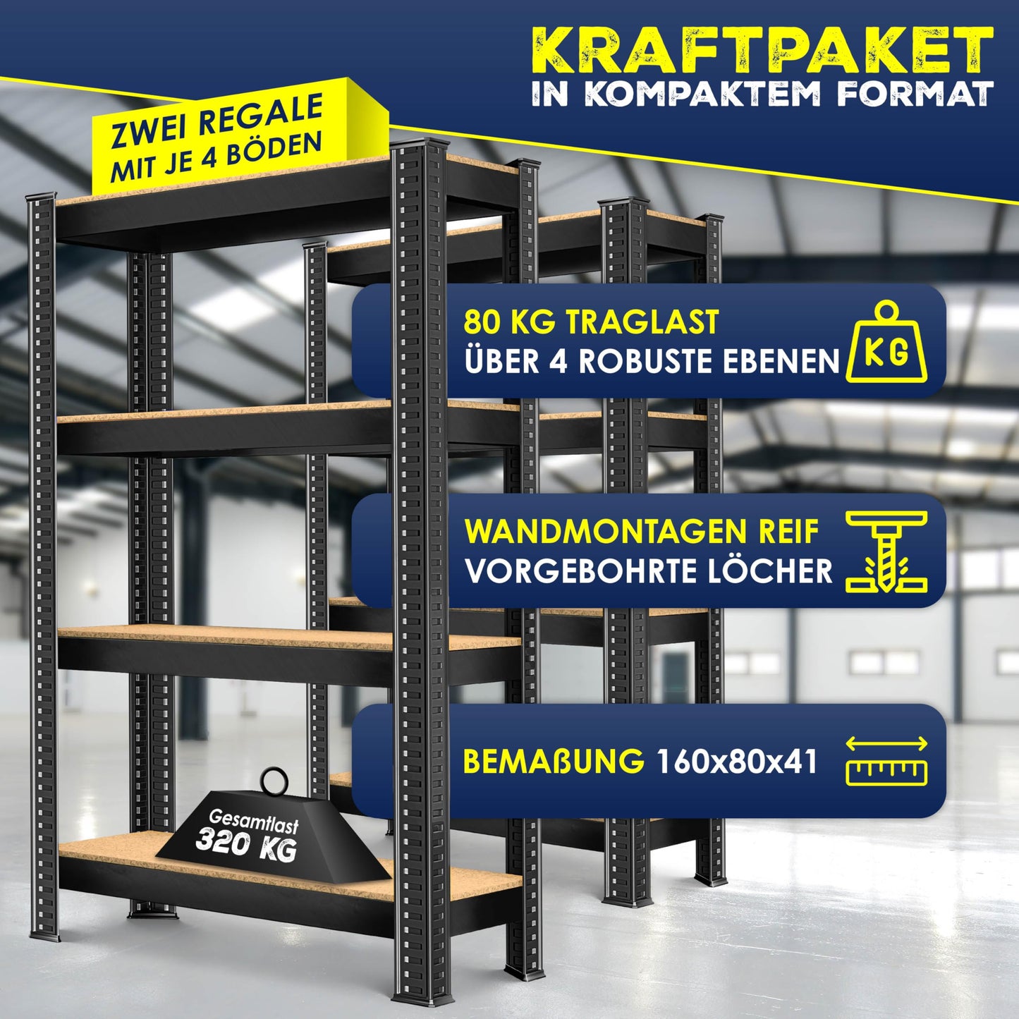 MASKO® Set of 2 Storage Shelves, Heavy Duty Shelves, Basement Shelves, 160 x 80 x 40 cm, Maximum Load 700 kg, 4 Adjustable Shelves, MDF Panels, Boltless Metal Shelf, Workshop, Basement, Garage, Black