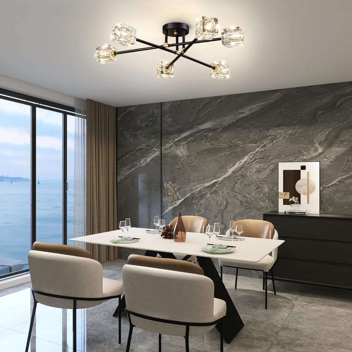 Modern Kistall Semi-Flush Ceiling Light Living Room, 8 Lights, Gold Crystal Chandelier, Semi-Flush Crystal Chandelier, Luxury Ceiling Light for Bedroom, Dining Room