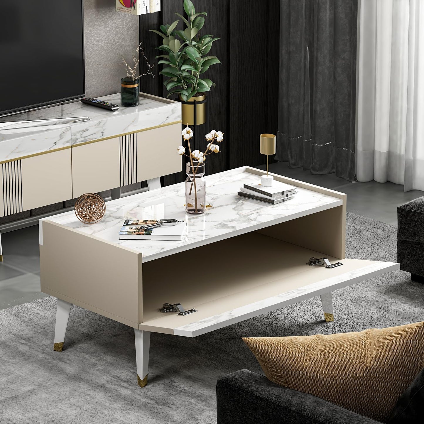 Homidea KARYA Coffee Table - Sofa Table - Living Room Table - Side Table in Elegant and Modern Design (Coffee Table - Beige/Marble)