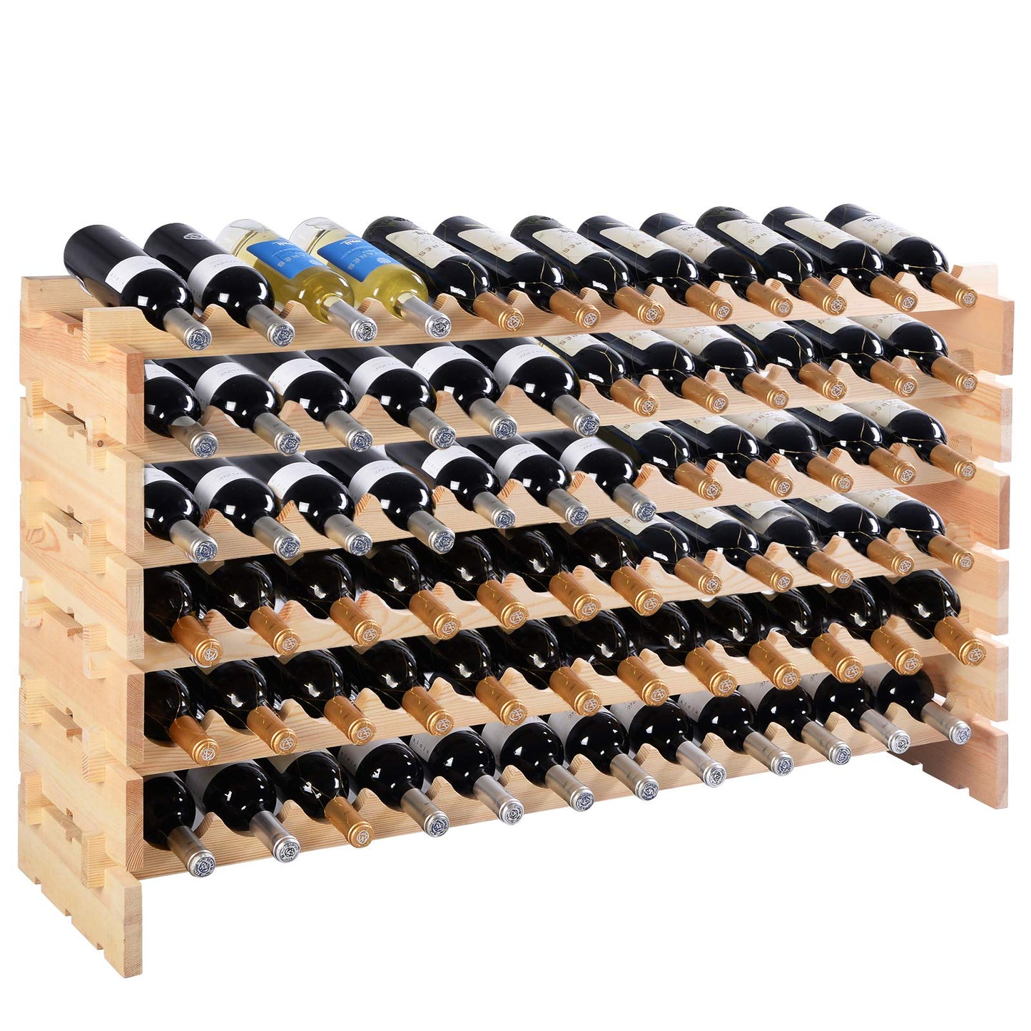 COSTWAY Wine Rack Wood Stackable Bottle Rack for 72 Bottles, Wine Rack with 6 Levels, Wooden Shelf, Bottle Stand for Kitchen, Dining Room, Bar, Basement, 119 x 29 x 72 cm