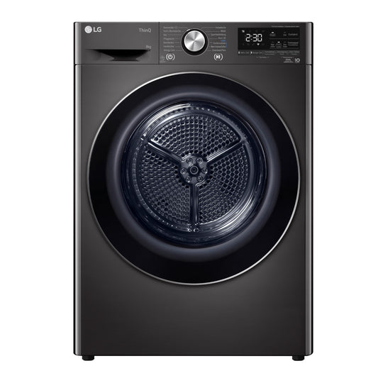 LG RT80V9B, Class A+++, Tumble Dryer 8 kg, Heat Pump Dryer with Short Programme, Dry Sensor, Stainless Steel Drum Material, 60 x 69 x 85 cm, Black