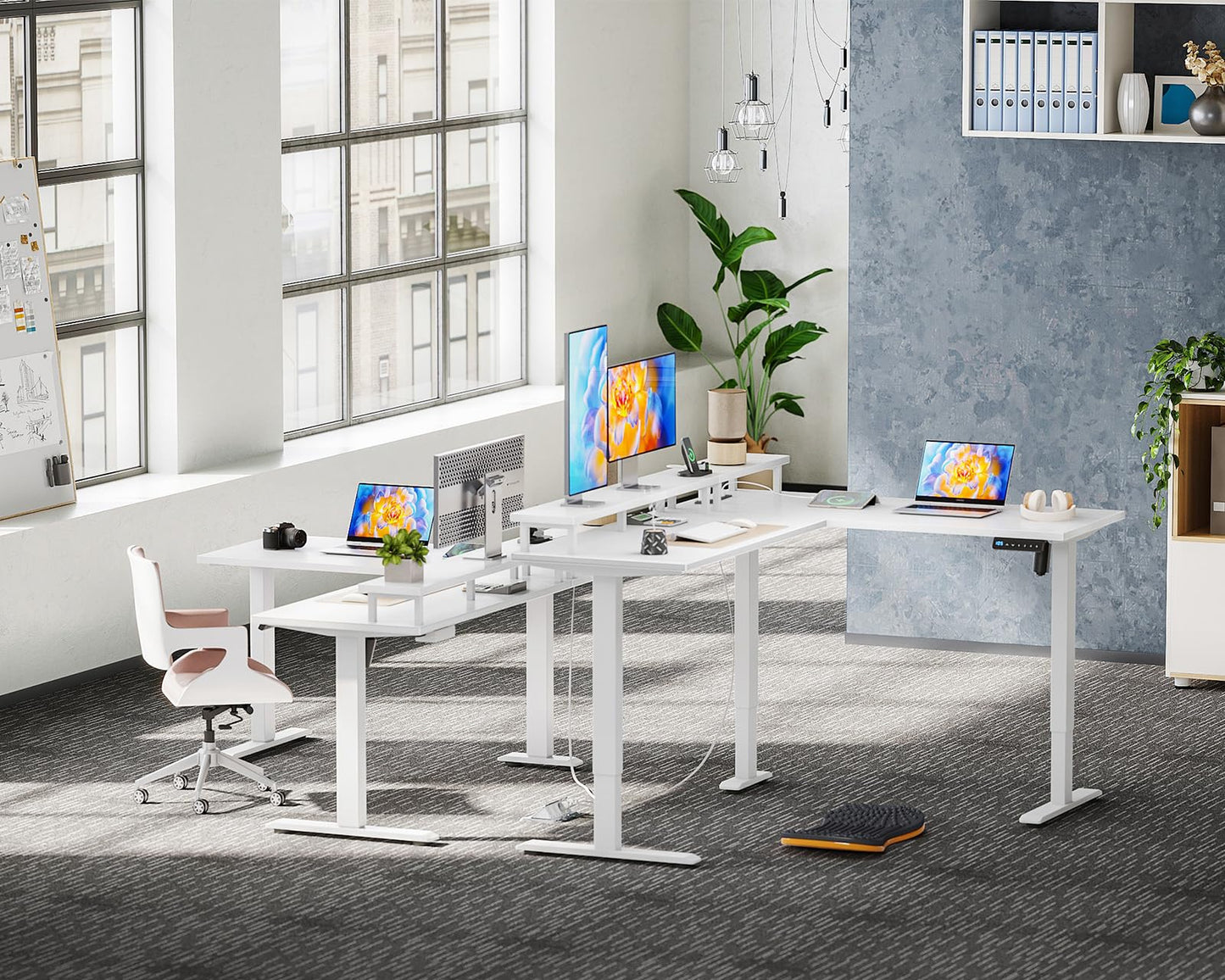 OffiGo Height Adjustable Desk, 150 x 120 cm, Corner Desk, Height Adjustable with Monitor Holder, Electric Desk, L Shape with Sockets, Computer Desk with LED Light Strip for Office, White
