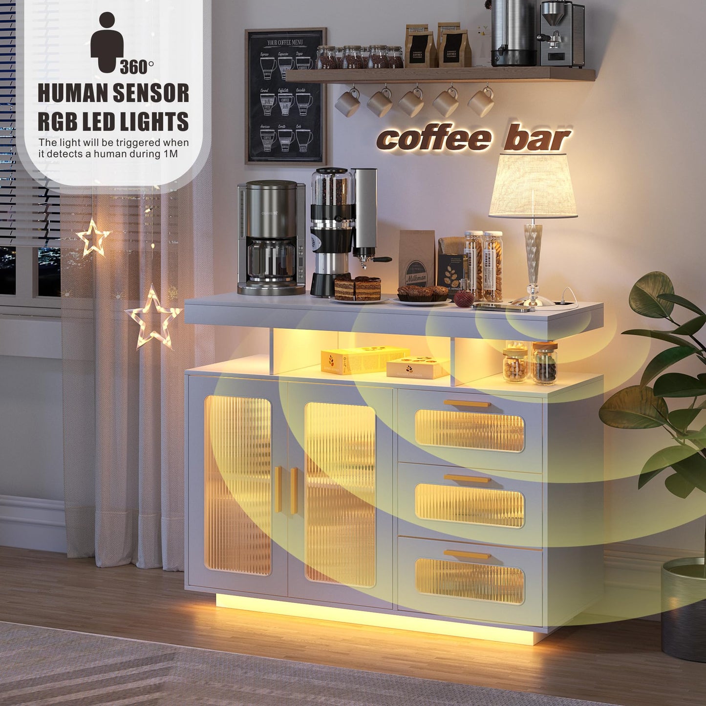 FREDEES RGB Kitchen Cabinet with Charging Station & LED Lighting, Sideboard Buffet Cabinet with Storage Space for Kitchen and Dining Room, Grey