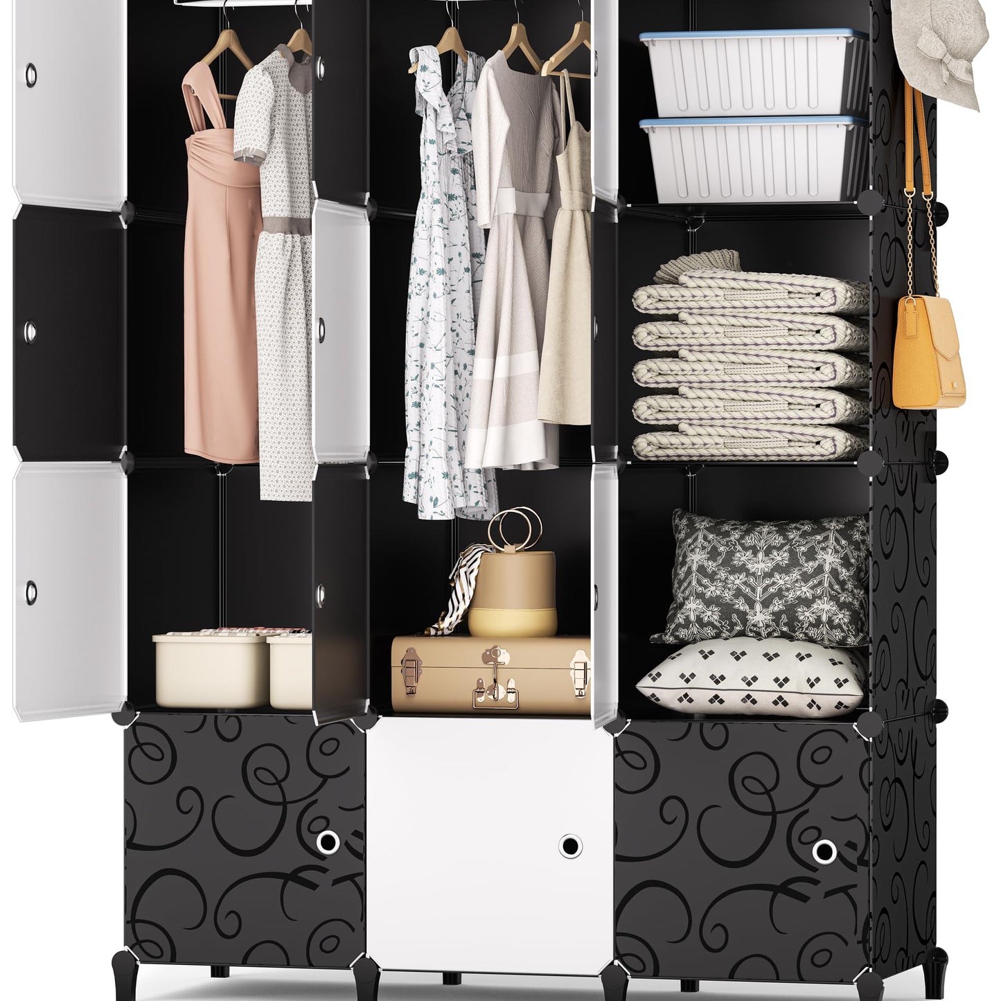 HOMIDEC Wardrobe, Portable Shelf System, 20 Cube Plastic Cabinet with 2 Clothes Rails, Bedroom Wardrobe, White for Bedroom, 180 x 142 x 45 cm