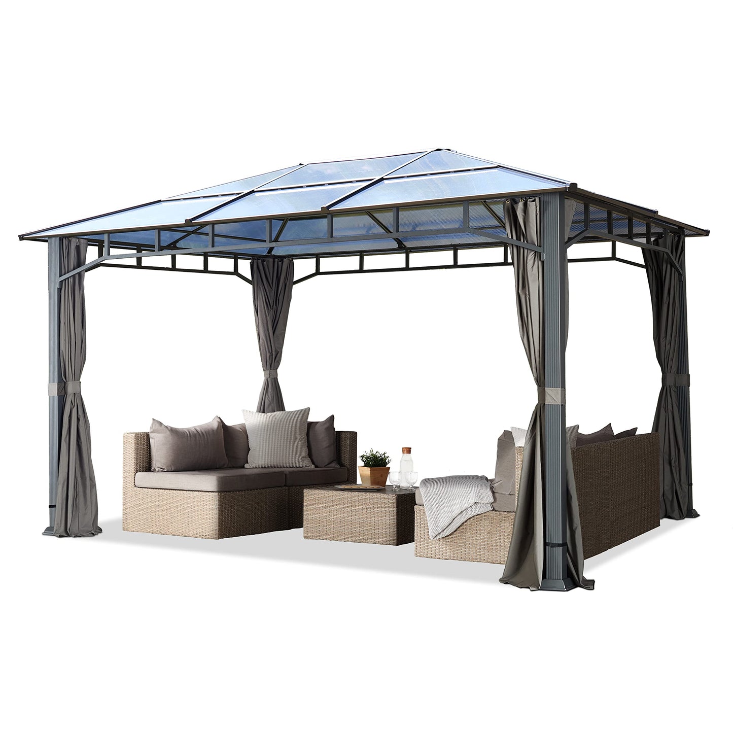 Toolport Garden Gazebo, 3 x 4 m, Waterproof, Aluminium, Deluxe, Polycarbonate Roof Approx. 8 mm, Gazebo with 4 Side Panels, Party Tent, Grey, 9 x 9 cm Profile