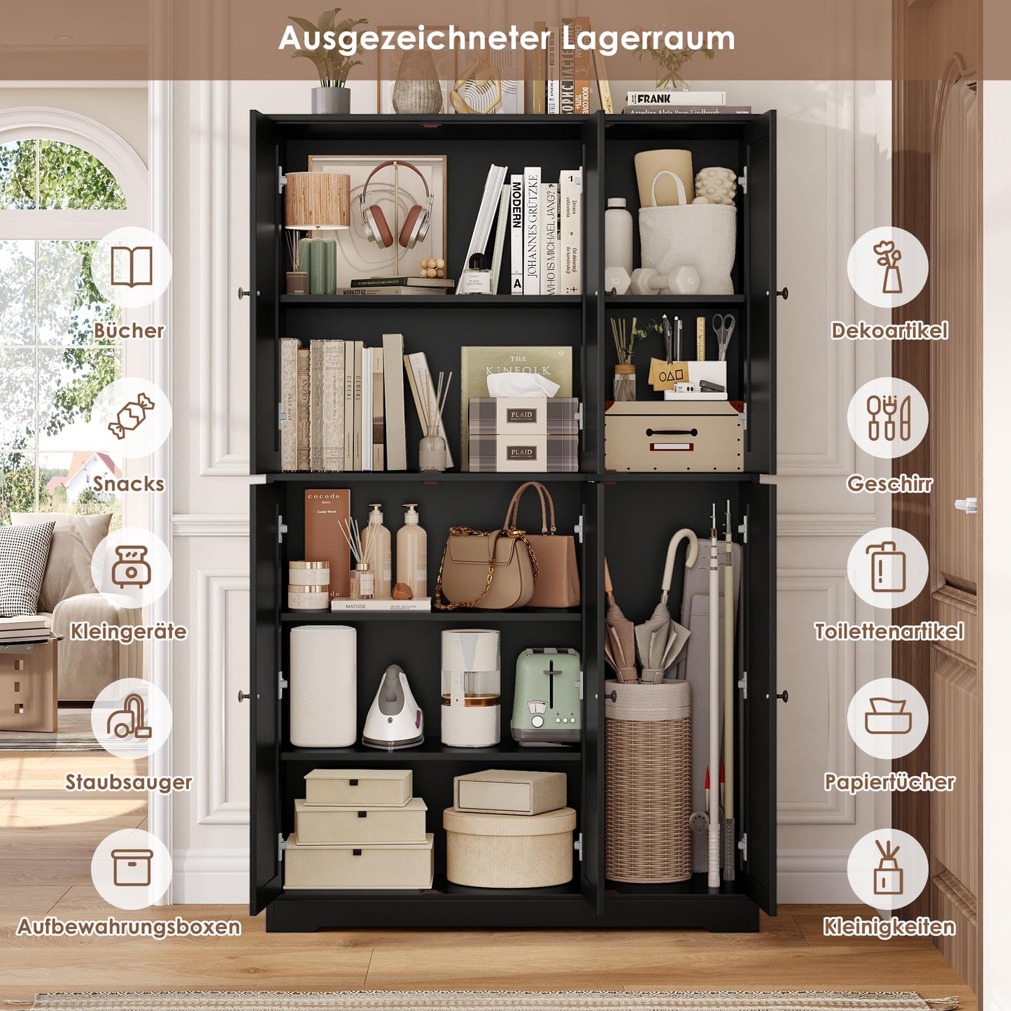 FirFurd Multi-Purpose Cabinet, 180 cm Kitchen Cupboard, Storage Cabinet, Buffet Cabinet with 6 Doors and Adjustable Shelves, All-Purpose Cabinet for Kitchen, Living Room, Entrance Area, 180 x 106 x 37