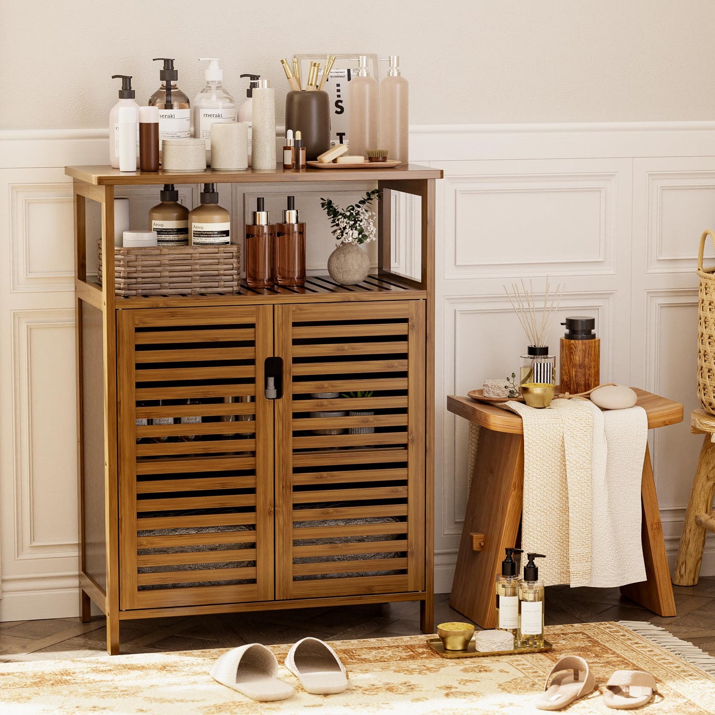 HITNET Bathroom Cabinet Bamboo Black Bathroom Cabinet with 2 Doors Freestanding Cabinet for Bathroom, Living Room and Bedroom