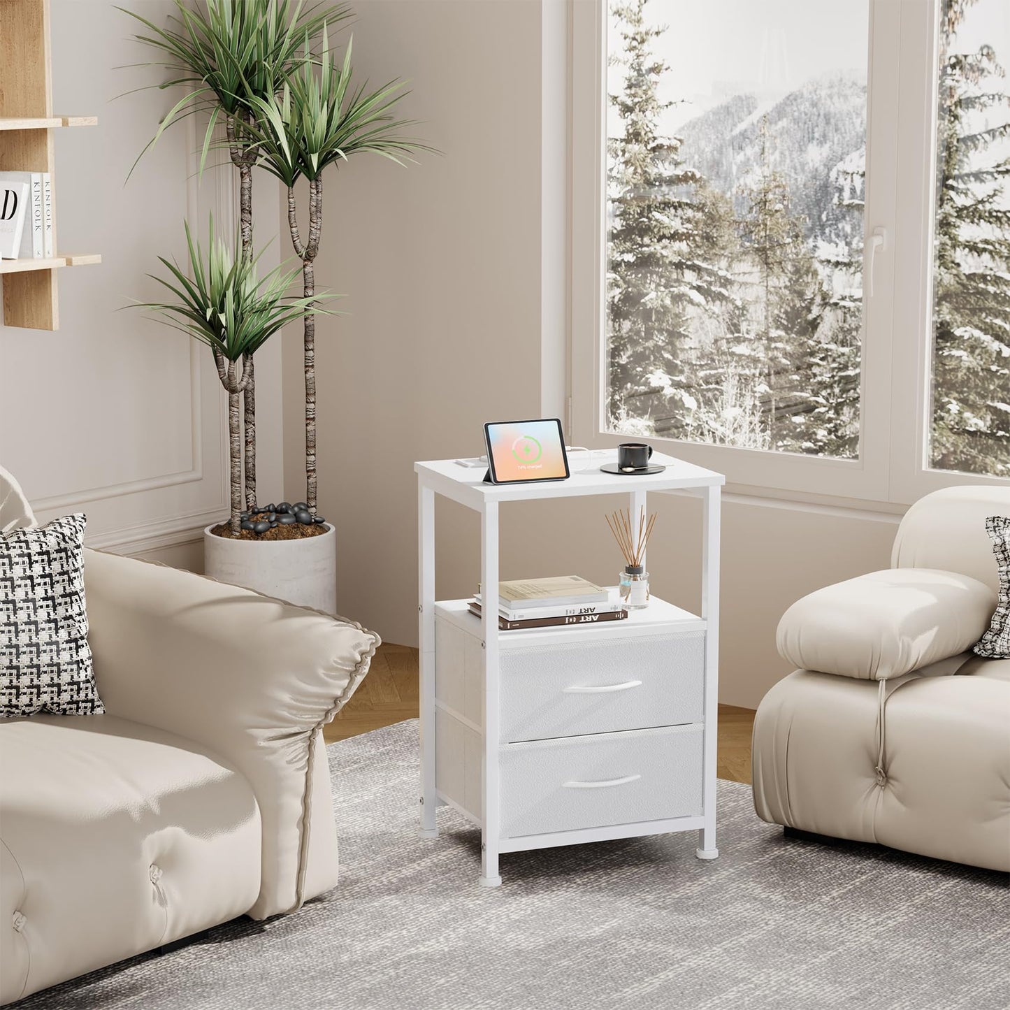 Bedside Table with LED & Charging Function, Side Table with Drawer, Bedside Tables with 3 AC Ports & 2 USB Ports, Side Tables for Living Room, Bedroom, White