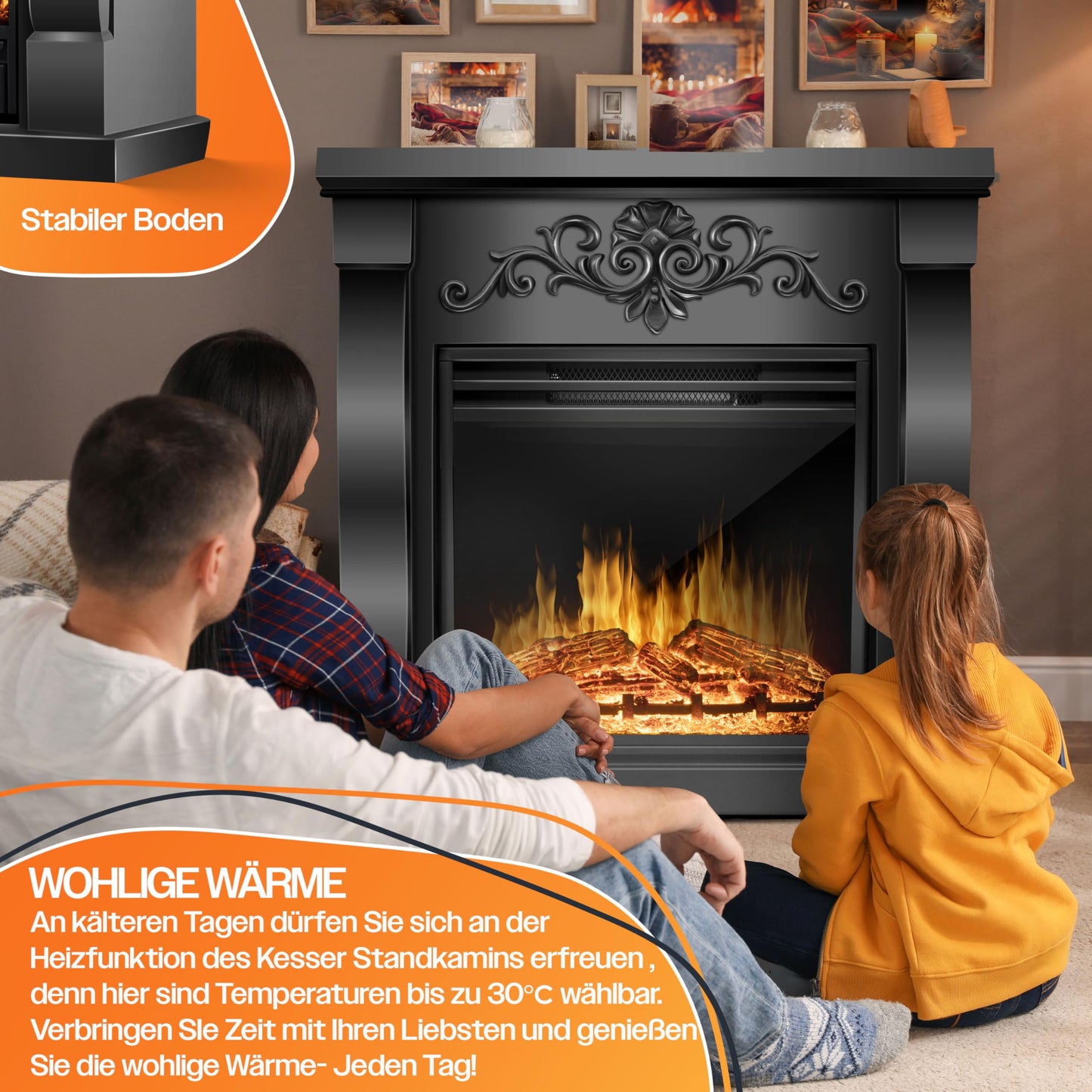 KESSER® Electric Fireplace with LED 3D Flame Effect, Heating Function, 1,800 W Power, Timer, Thermostat, Remote Control, Dimmable, Natural/Brown