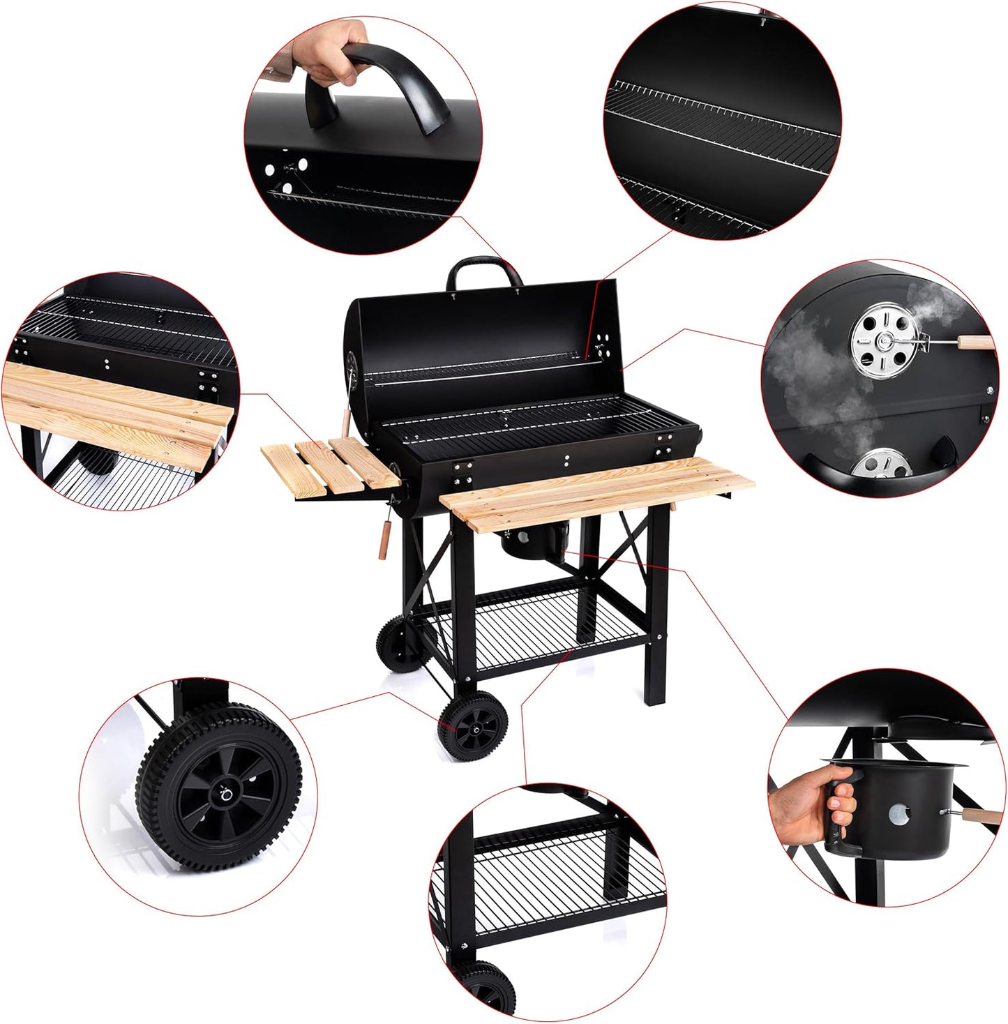 Lehmann LGACG-1935 Charcoal Grill with Grill XL Lid and Wheels, Grill Trolley with Two Wooden Shelves and Non-Warming Handle, Charcoal Grill for Garden, Patio, Camping