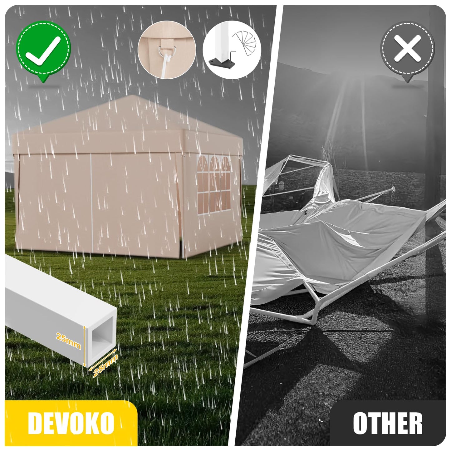 Devoko Gazebo, 3 x 6 cm, Waterproof, Stable, Winterproof, 3-Way Height Adjustment, Folding Gazebo, UV Protection 50+, Folding Gazebo with Carry Bag, for Garden, Outdoor, Camping, Beige