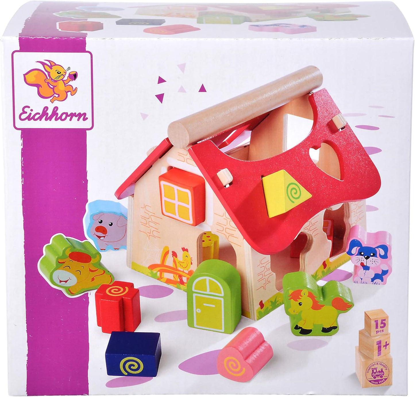 Eichhorn Wooden Pine House 15 Piece House with 12 Push-through Shape Blocks, Motor Skills Toy for Children 1 Year and Above Size: 18 x 17.5 x 18 cm.