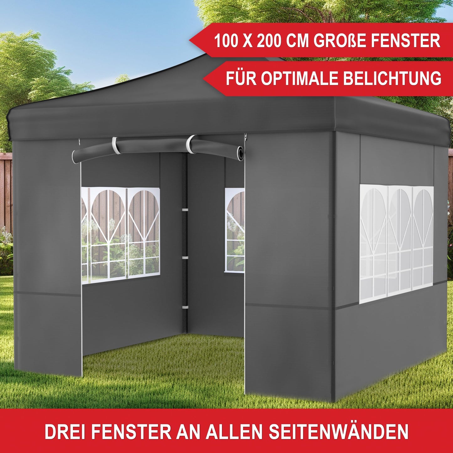 Gazebo - 3 x 3 m - Large Entrance - Waterproof - Pop Up Frame - Side Walls with 3 x 3 Windows - Additional with Bag - Foldable Outdoor Gazebo Folding Gazebo (Grey)