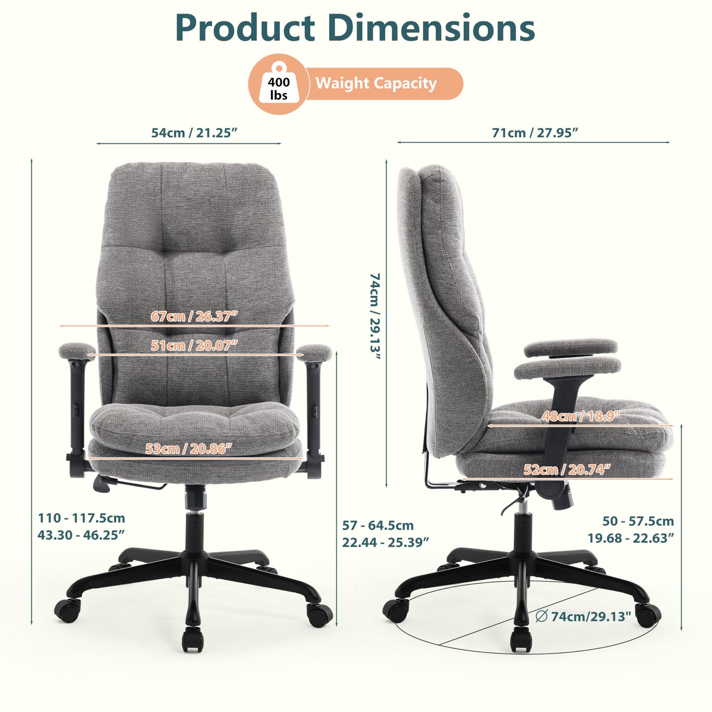 Fizzin Ergonomic Office Chair Office Executive Chair with High Back and Double Cushion Armrests, Reversible, Height-Adjustable Computer Chair (Beige)