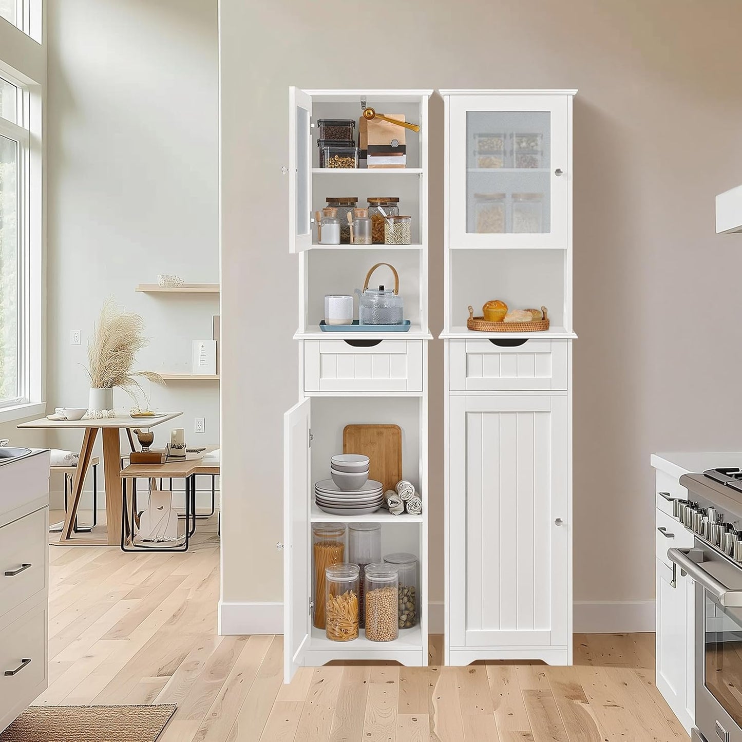 Yaheetech Badezimmerschrank Hochschrank Badschrank mit Schublade & 2 Türen und verstellbarem Einlegeboden Aufbewahrungsschrank Küchenschrank für Badezimmer/Wohnzimmer/Küche, 40 * 30 * 170 cm